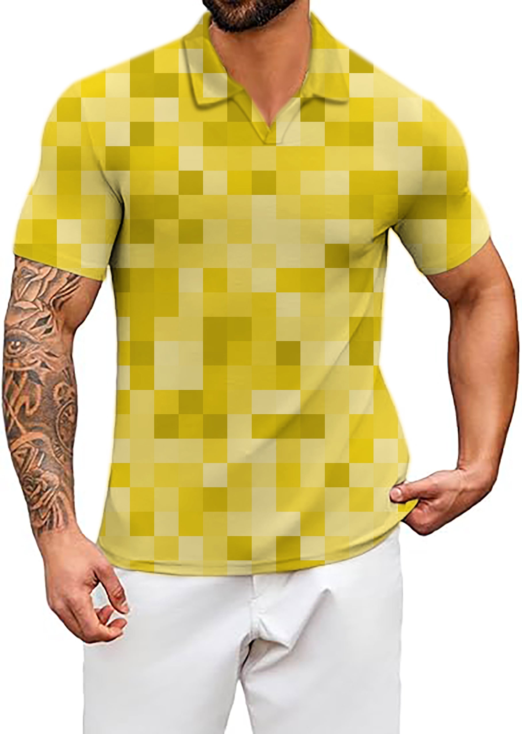 Men's Yellow Pixel Big V Neck Golf Polo Shirts