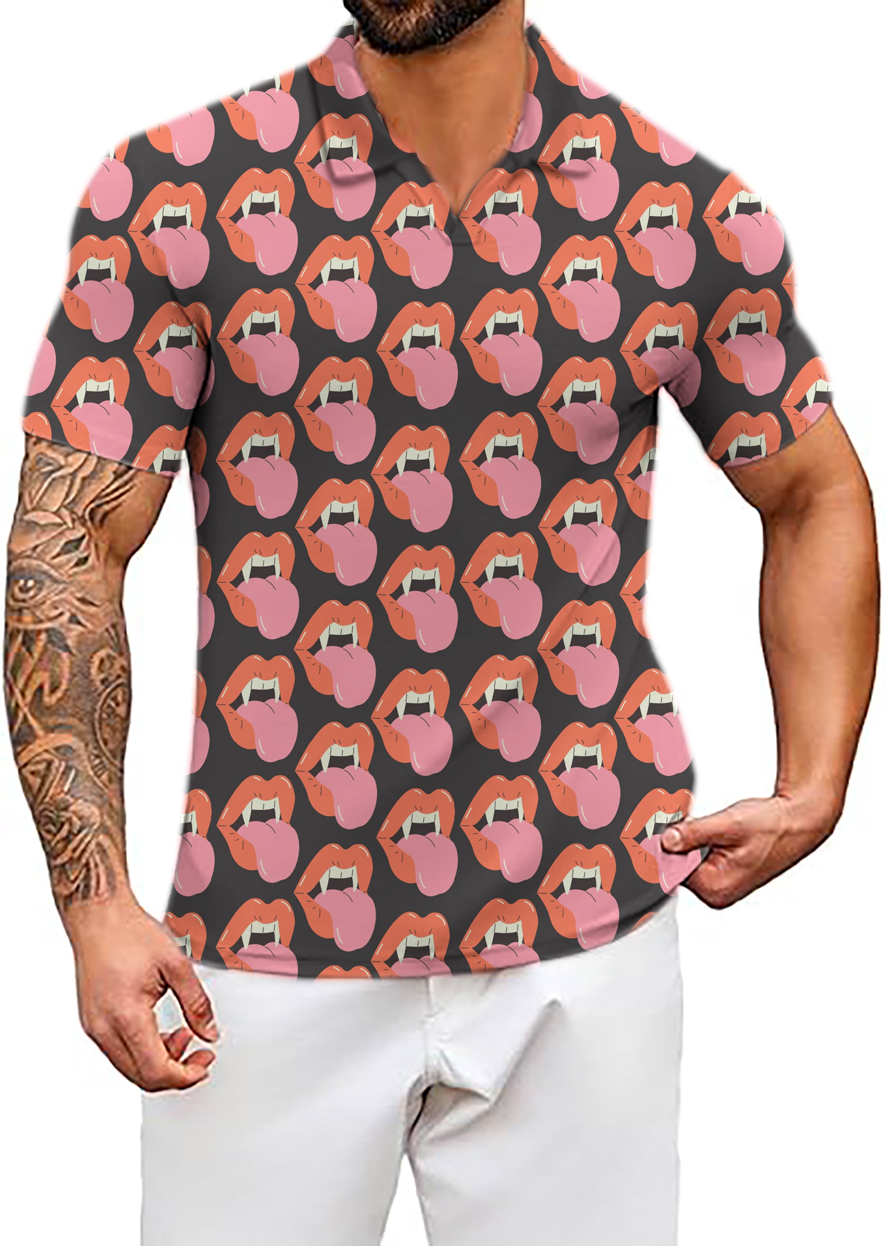 Men's Halloween Vampire Mouth V Neck Golf Polo Shirts