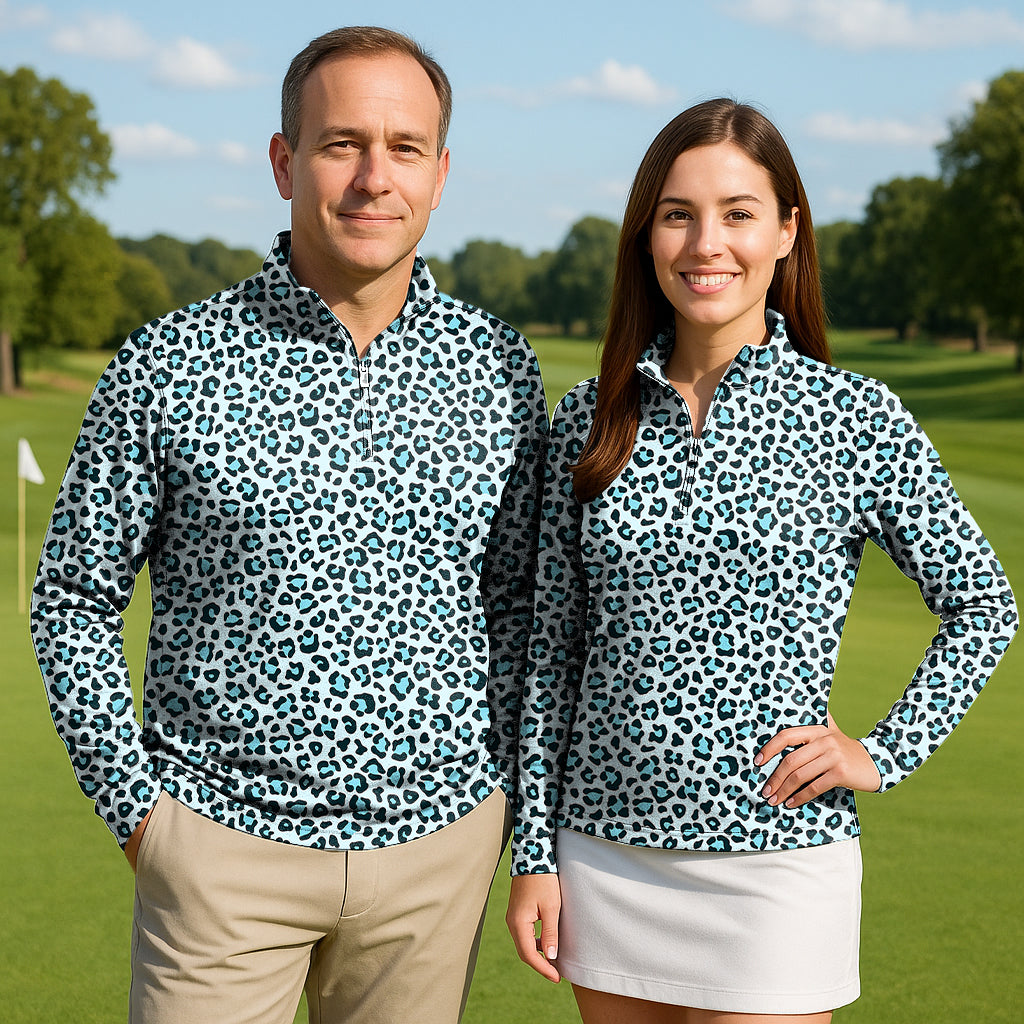 Blue leopard print Couple Golf Active 3/4 Zipper Top Long Sleeves