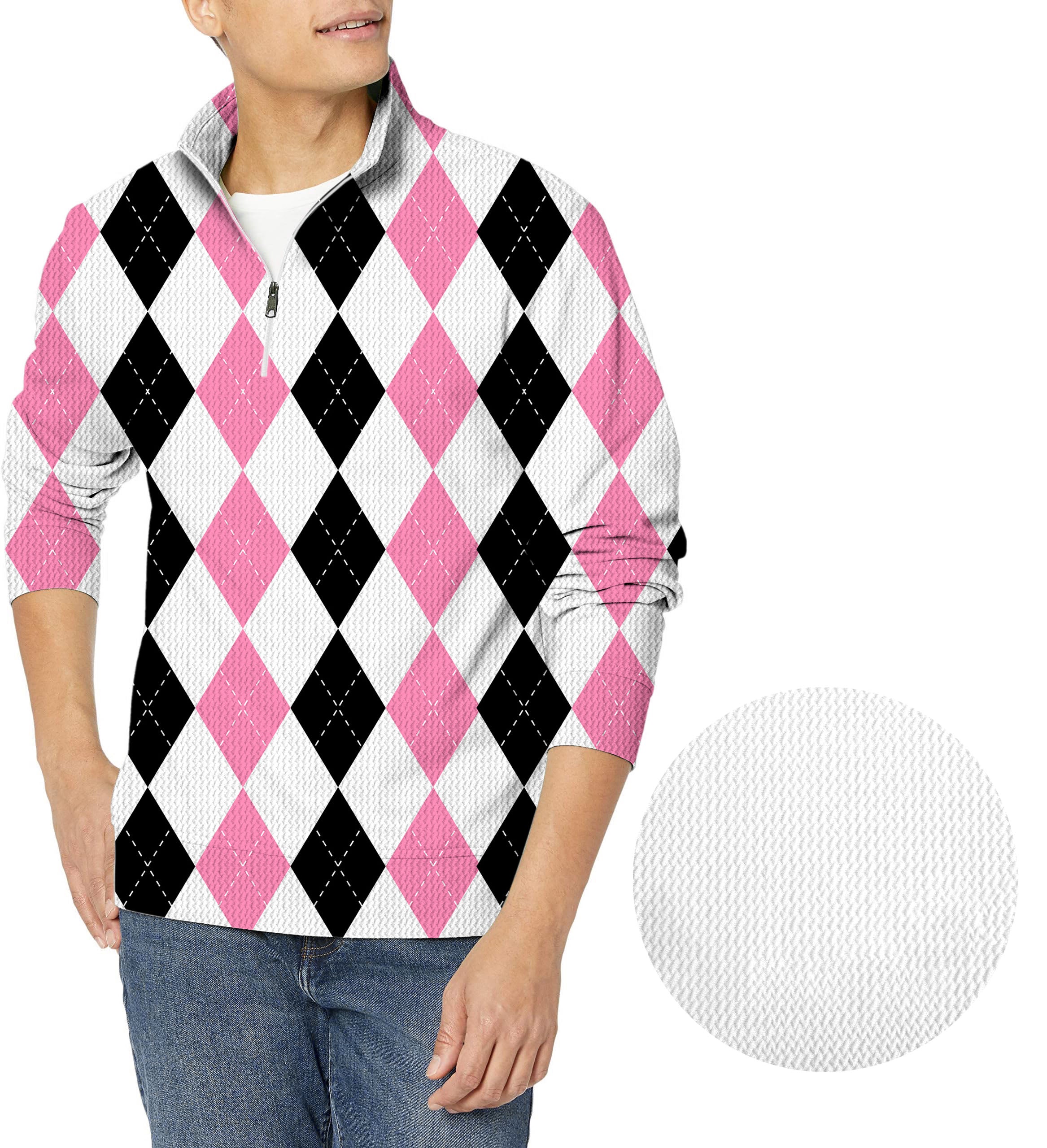 pink black argyle-Men's Golf Waffle Zipper Pullover