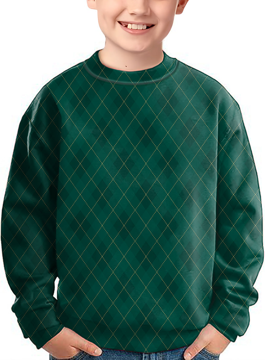 Green diamond grid Crewneck Pullover Kids Ugly Sweater