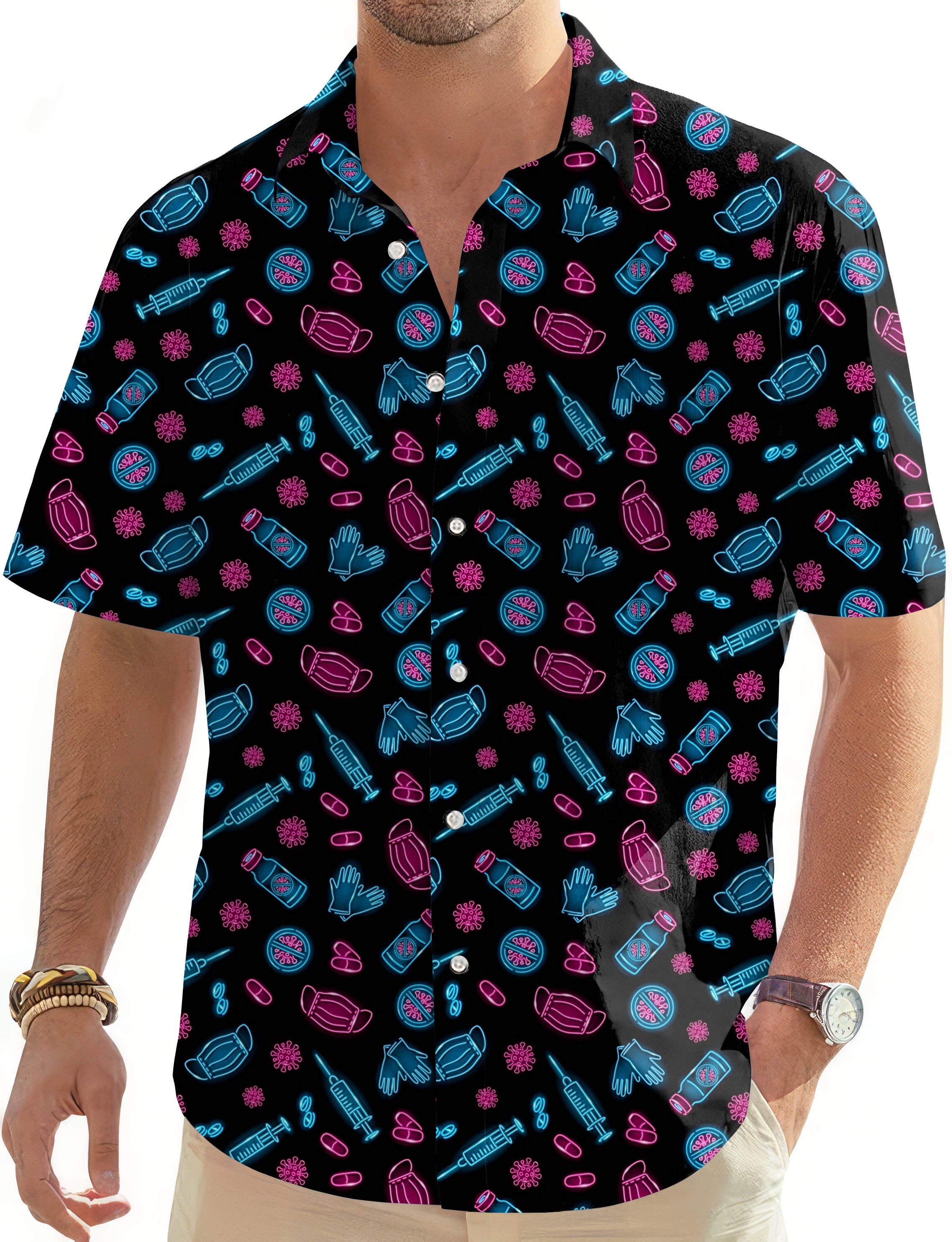 Men's Neon Nurse Hawaiian shirt with button-down front, short sleeves, and medical-themed neon print.