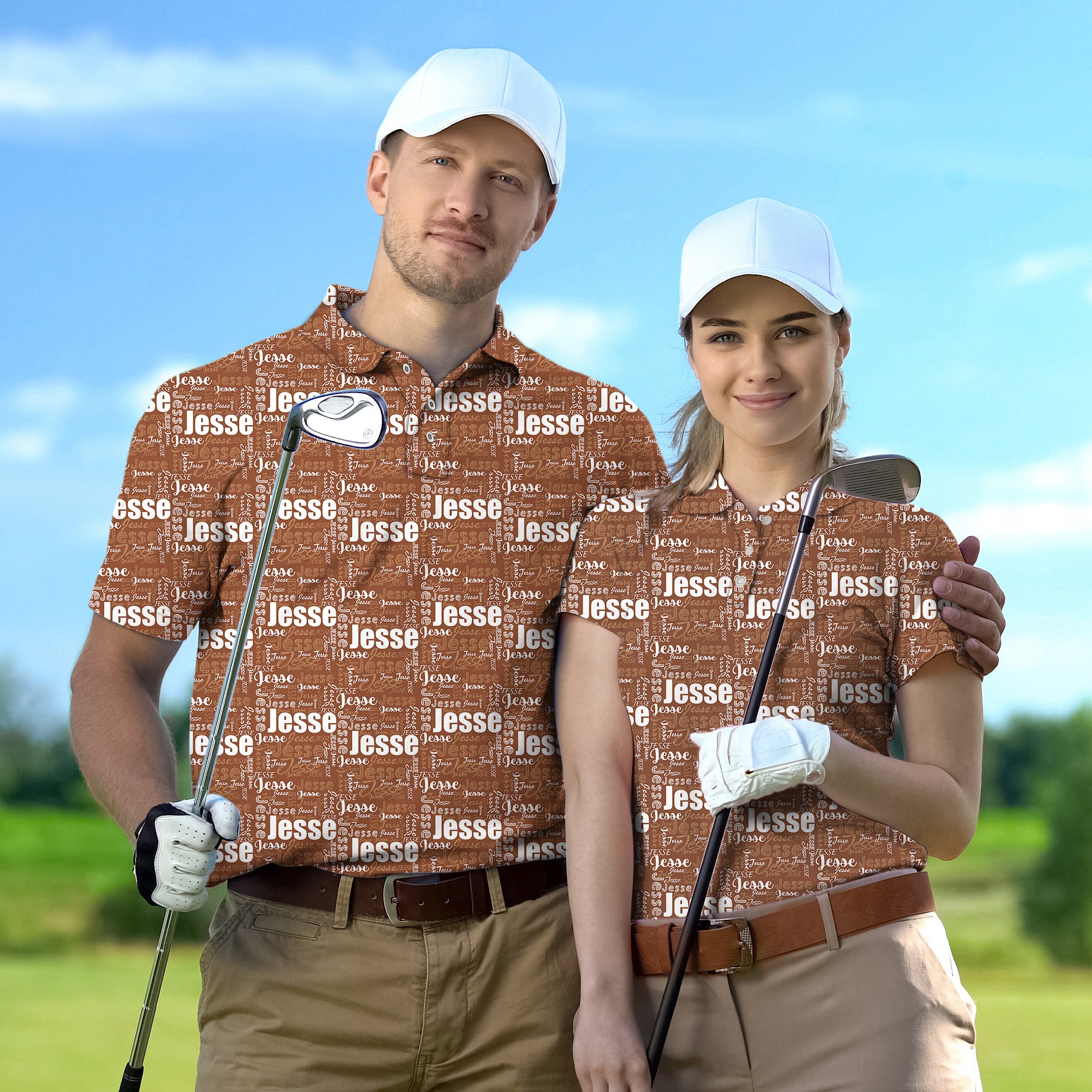 Golf Polo Couple Family set Custom name brown tournament