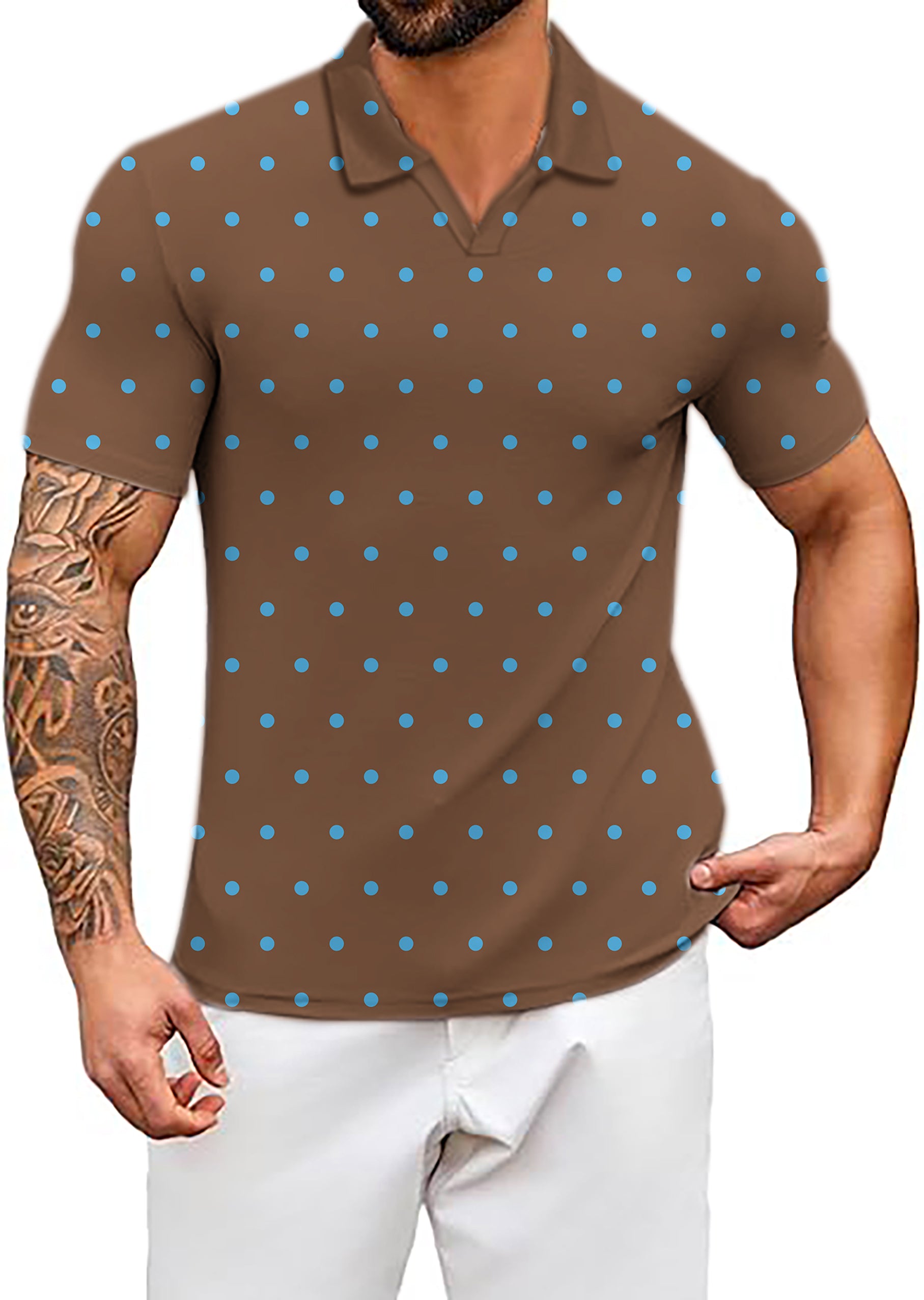Men's Brown Polka Dots V Neck Golf Polo Shirts