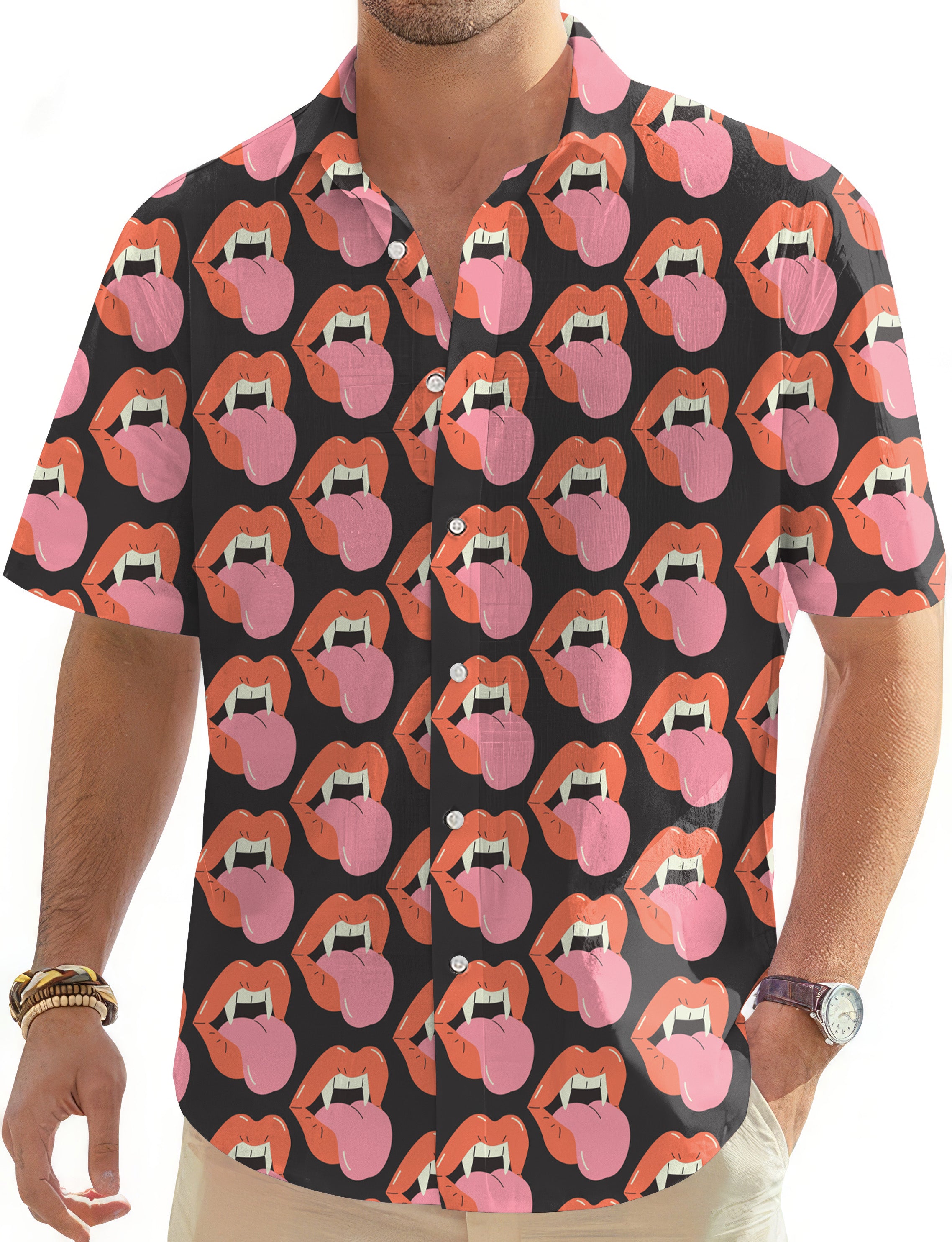 Halloween Vampire Mouth Men's Golf Hawaiian Shirts Button Down Shirt