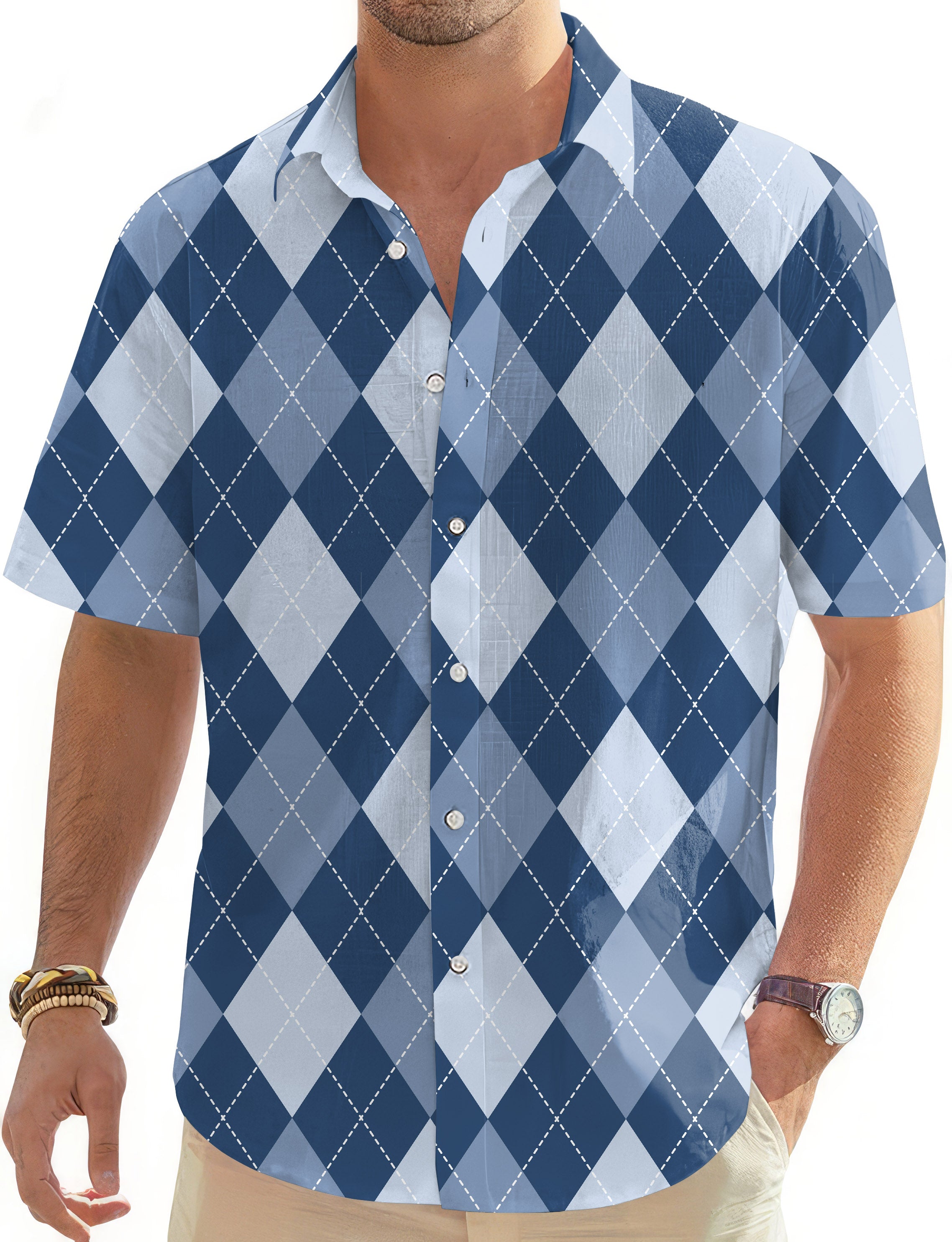 blue Argyle-Men's Golf Hawaiian Shirts Button Down Shirt