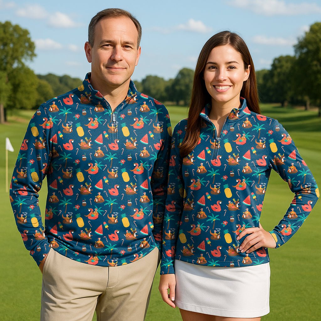 Christmas Santa reindeer Summer Couple Golf Active 3/4 Zip Top Long Sleeves