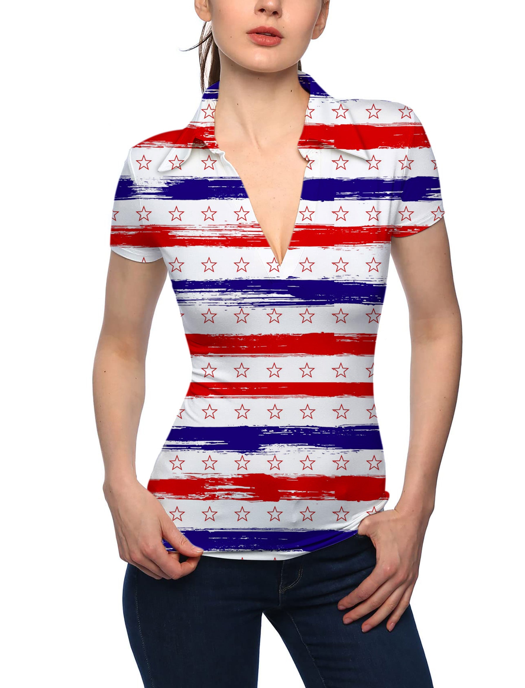 Women's Stars & Stripes V Neck Golf Polo