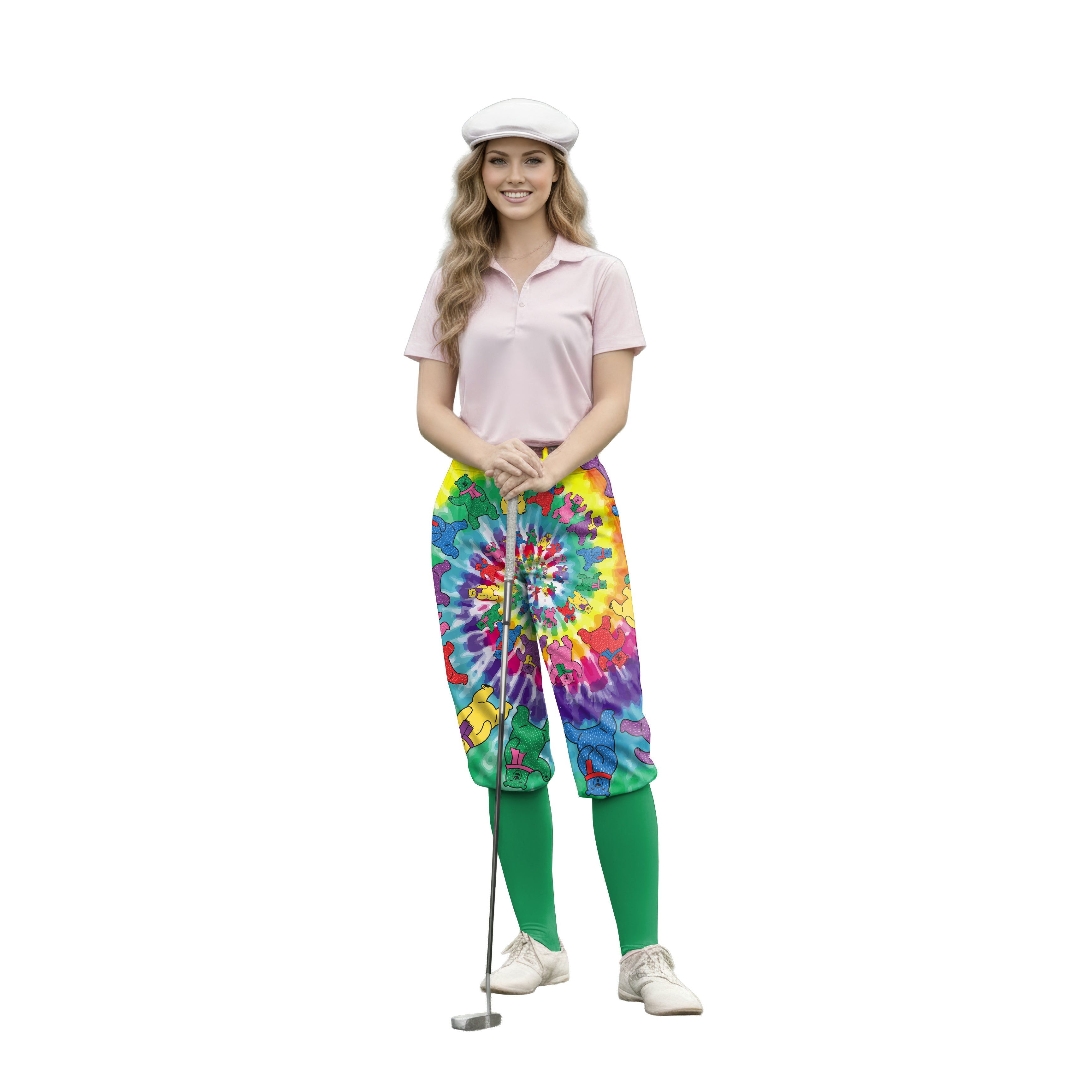 Woman wearing colorful Kaleidoscope Bear womens golf knickers pants holding a golf club