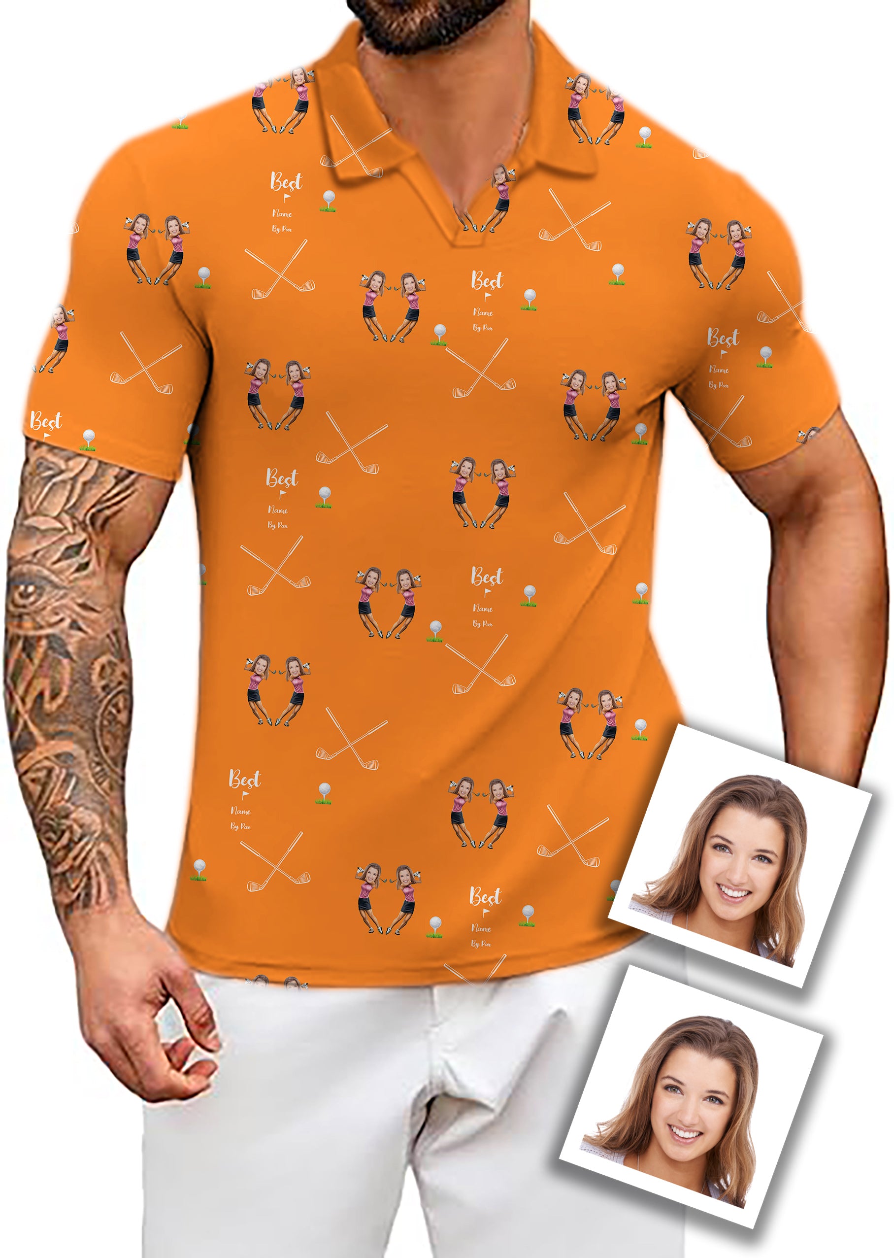Men's Custom Sister Photo Face & Name V Neck Golf Polo Shirts