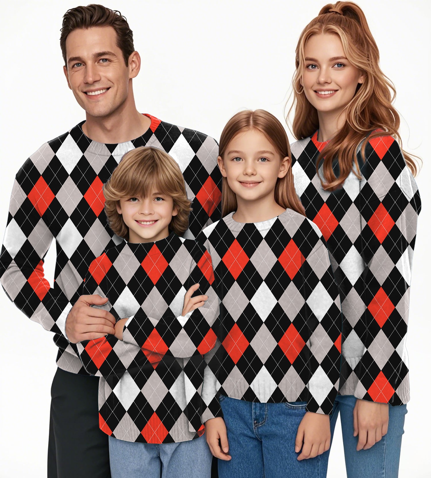 Argyle red black Crewneck Pullover Ugly Sweater Men Women boy girl family