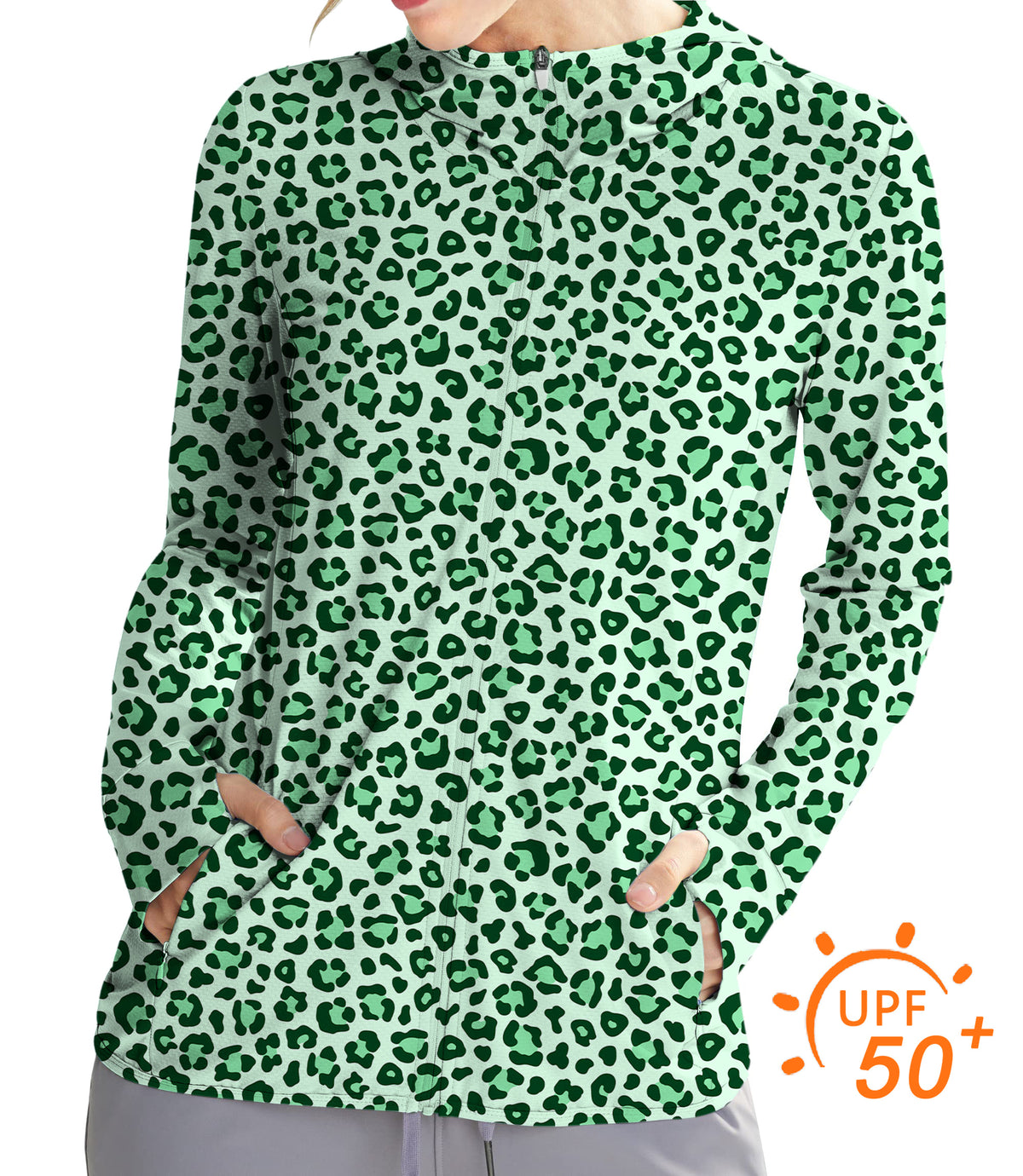 Women's Outdoor Green leopard print Golf Sun Protection Slim Fit zip hoodies