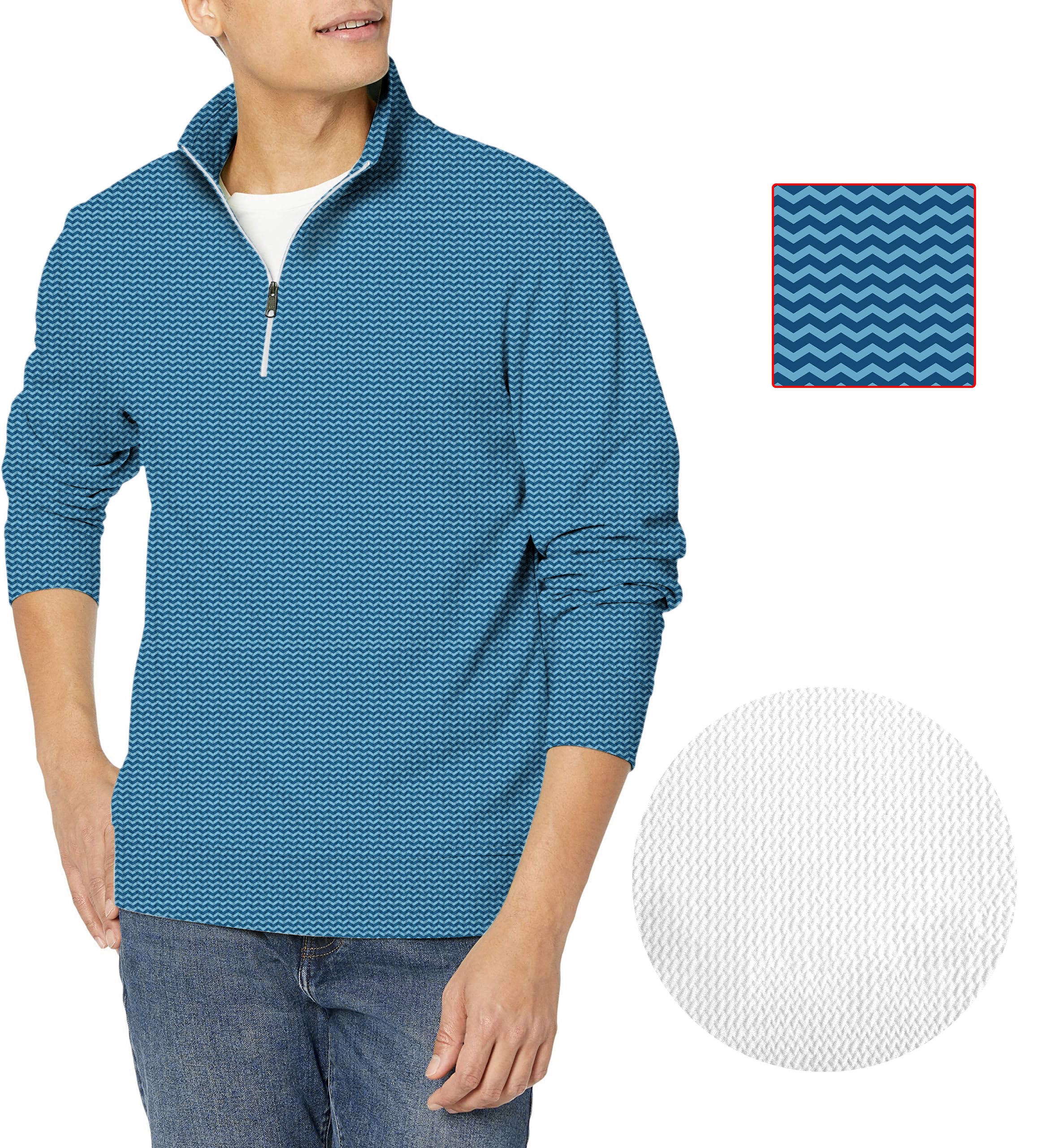 Blue Waves Men's Golf waffle zipper pullover with wave pattern and textured fabric close-up