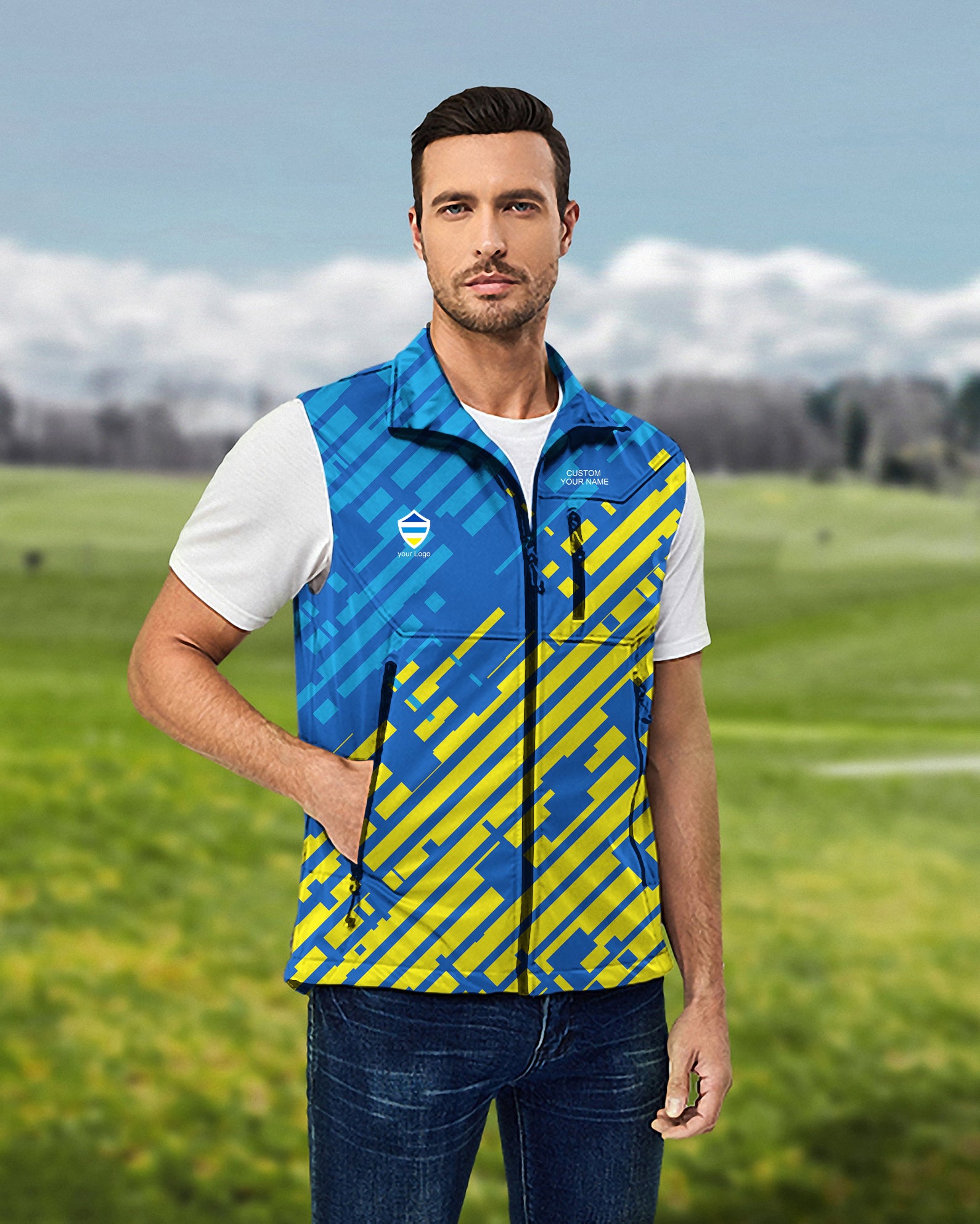 Men's blue yellow sport Team Lightweight Softshell Vest Sleeveless Jacket for Golf Windproof Waterproof