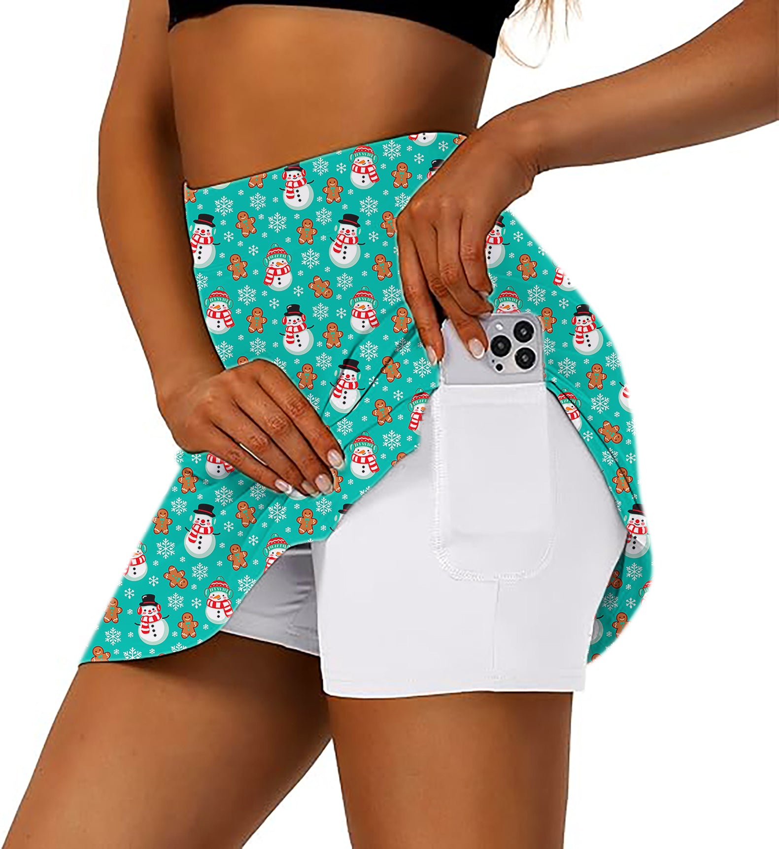 Women's -Gingerbread Snowman Blue Christmas Golf Skirts Inner Shorts Pocket