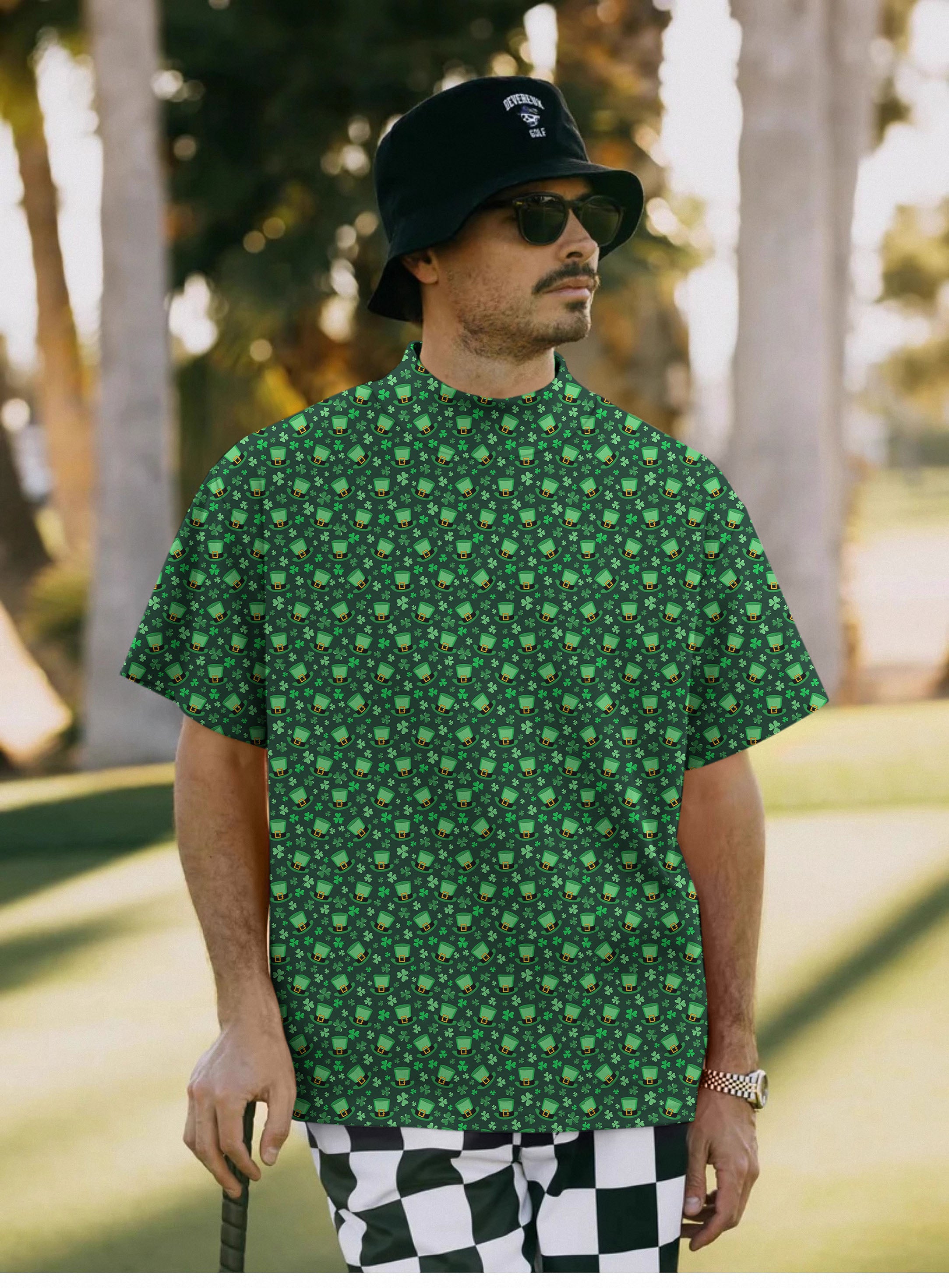 Men's Leprechaun hat clover leaf St. Patrick's Day Pullover High neck Long/Short sleeve T-Shirt