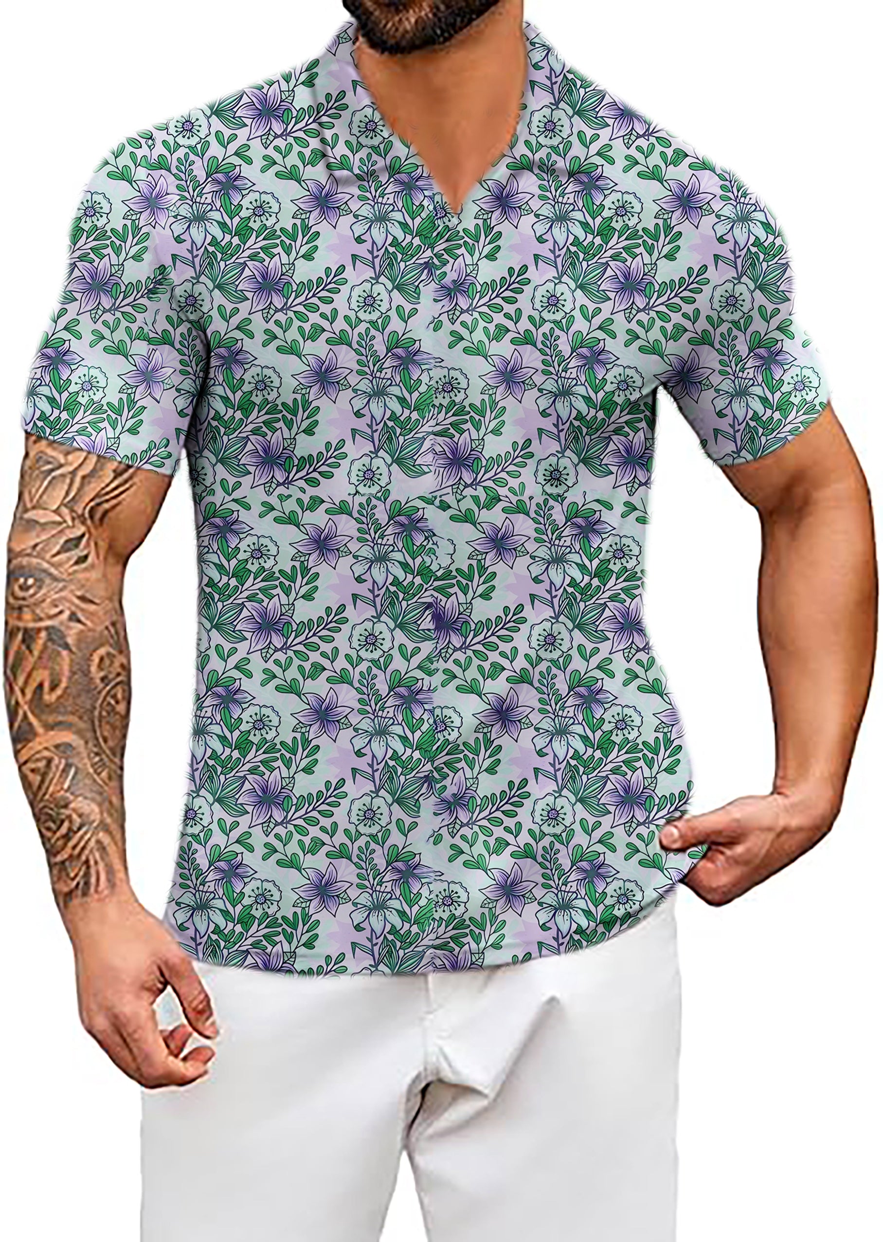 Men's Purple flowers V Neck Golf Polo Shirts