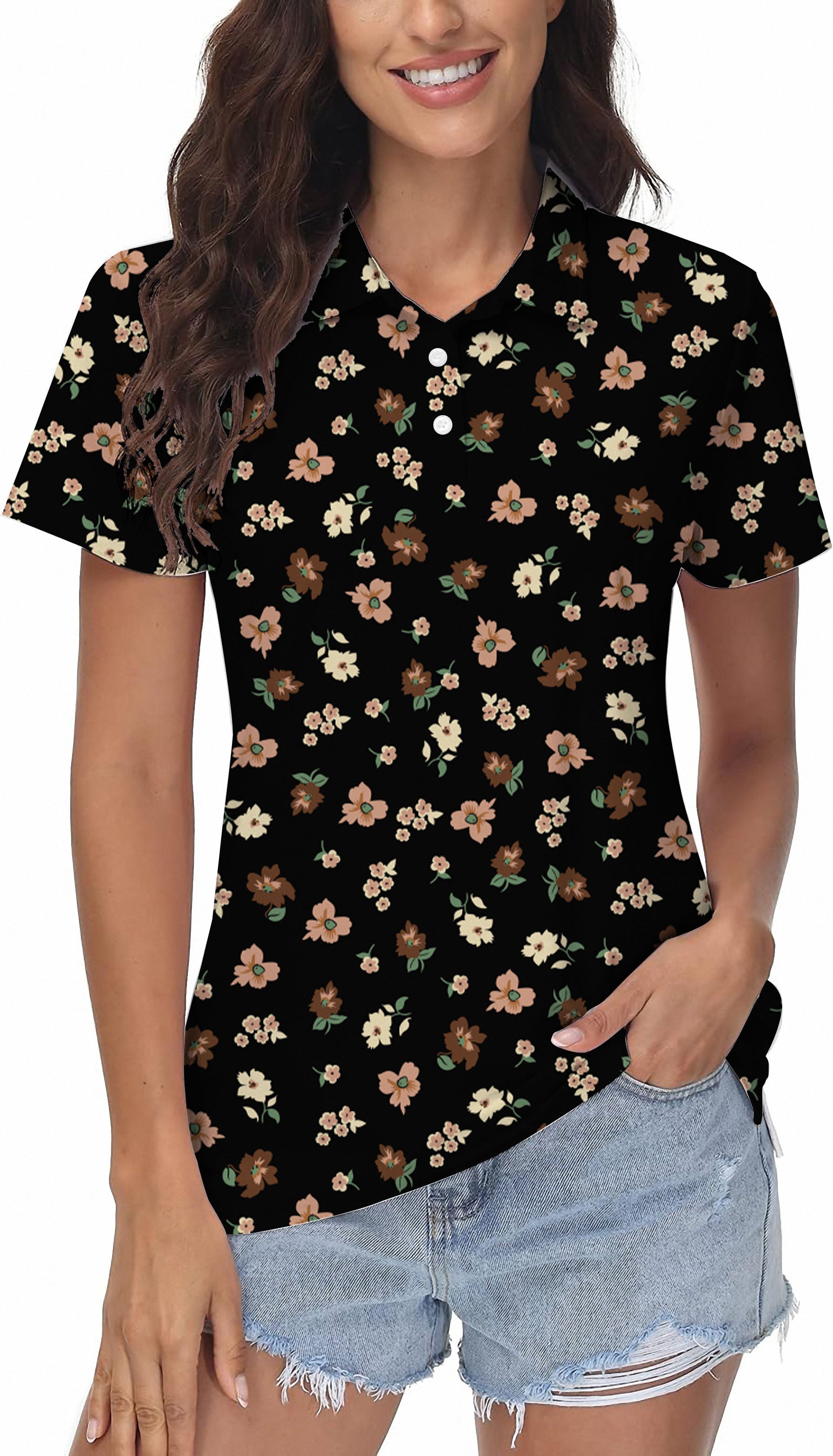 black flower Women's Golf Polo