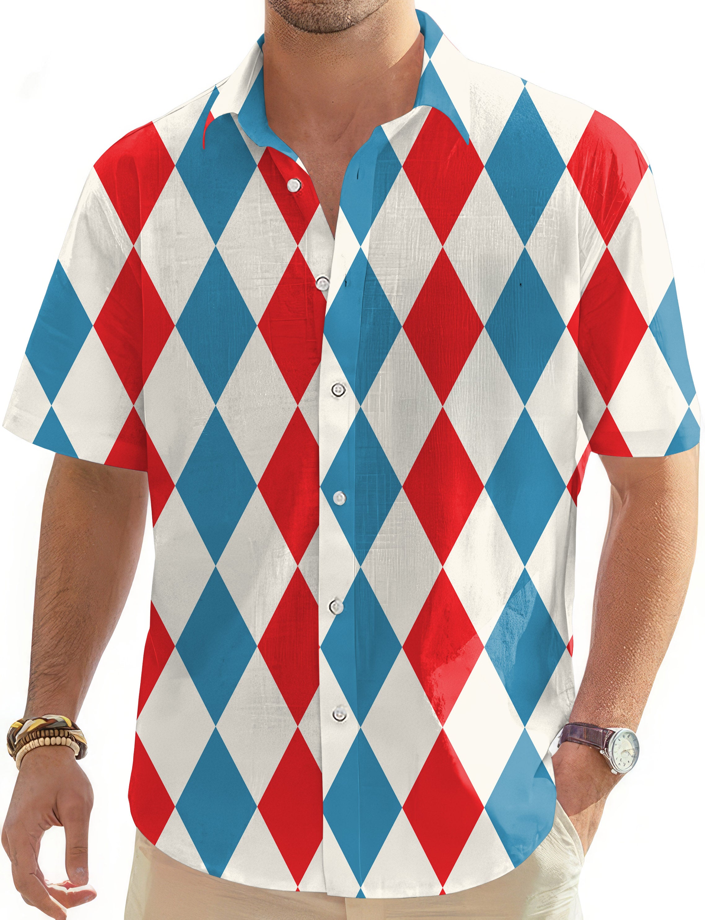 Geometric checkerboard Argyle-Men's Golf Hawaiian Shirts Button Down Shirt