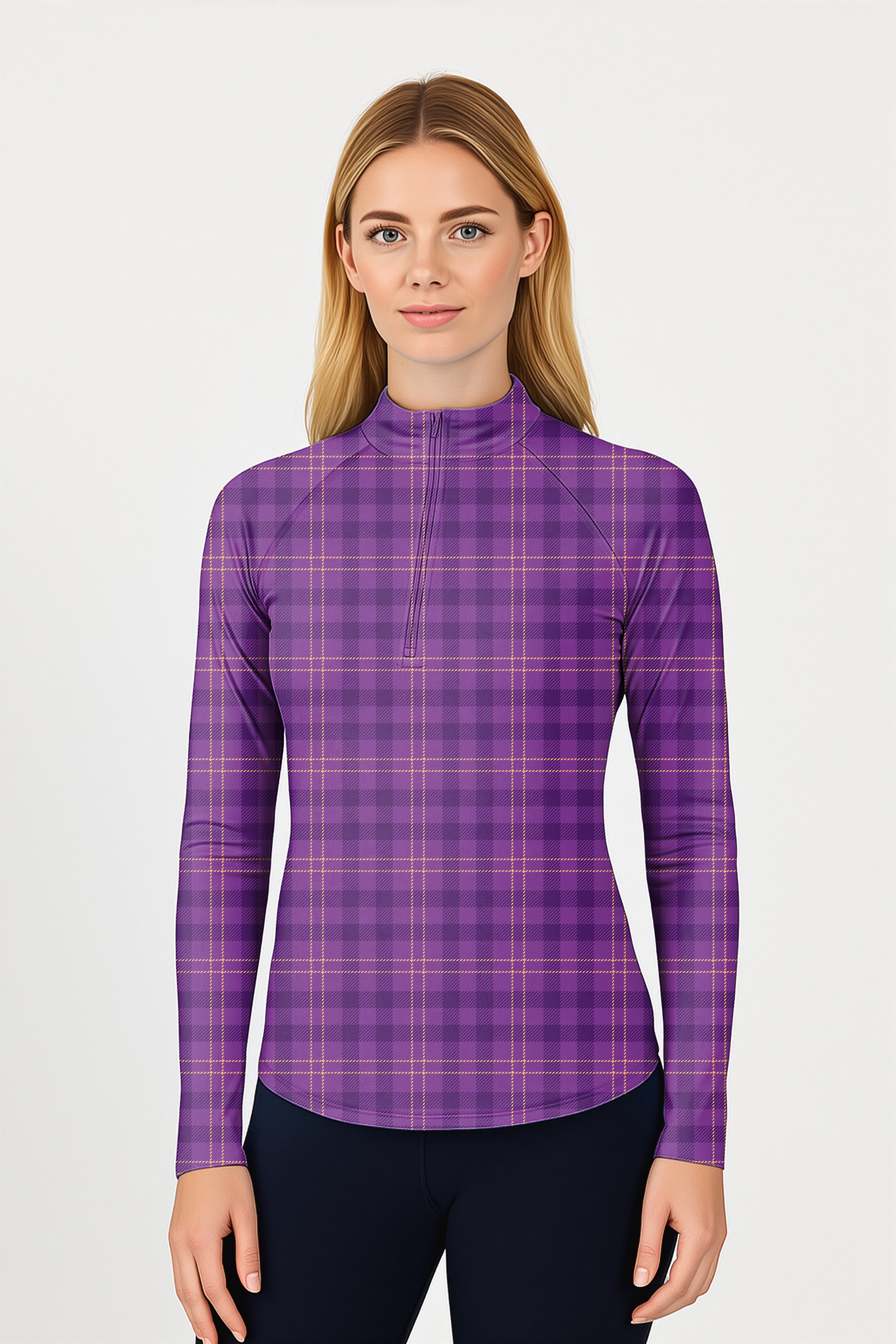Halloween purple plaid Women's Golf Active 3/4 Zipper Top Long Sleeves