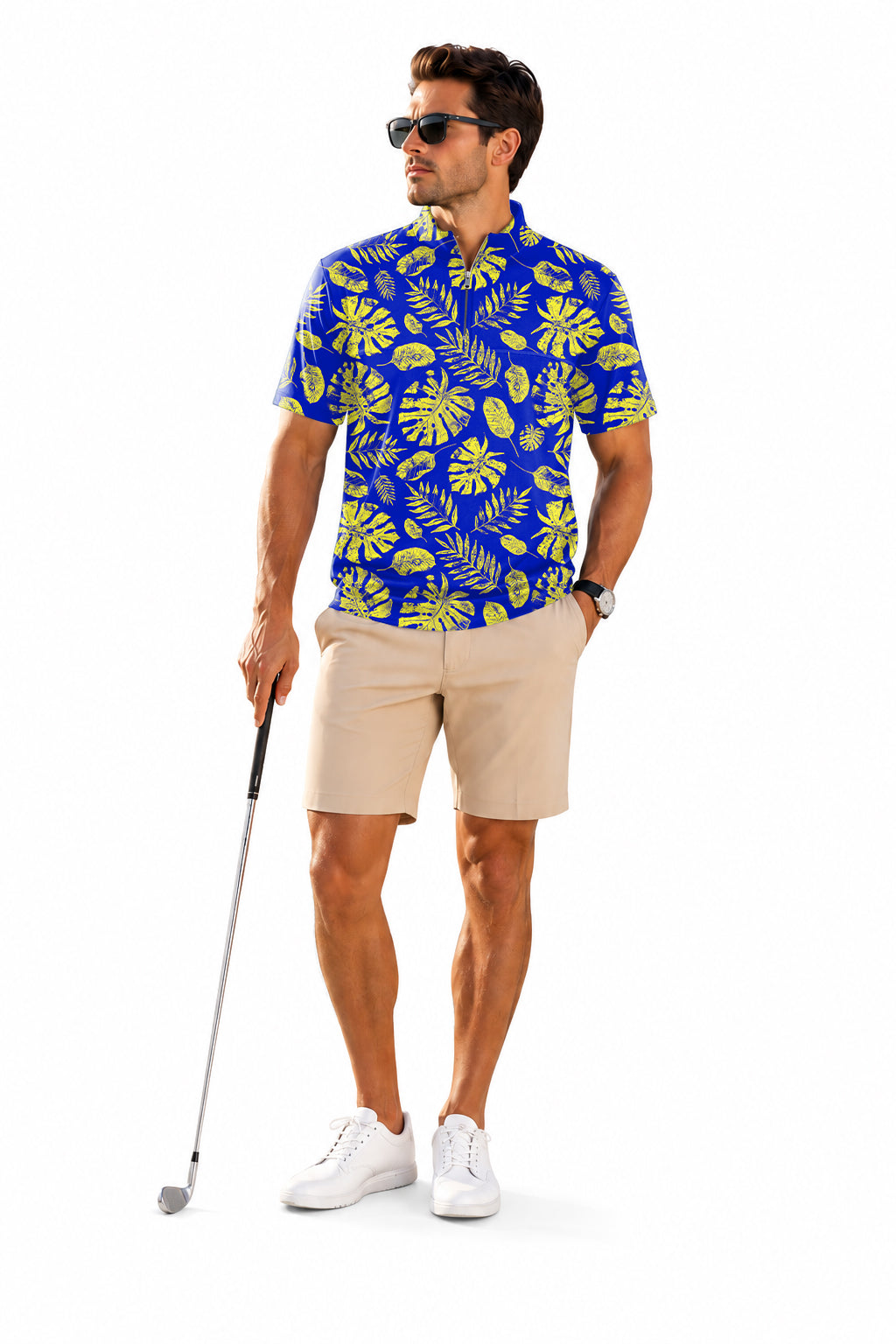 Men's Short Sleeve Quarter Zip Golf Pullover   Tropical plants Embroidery