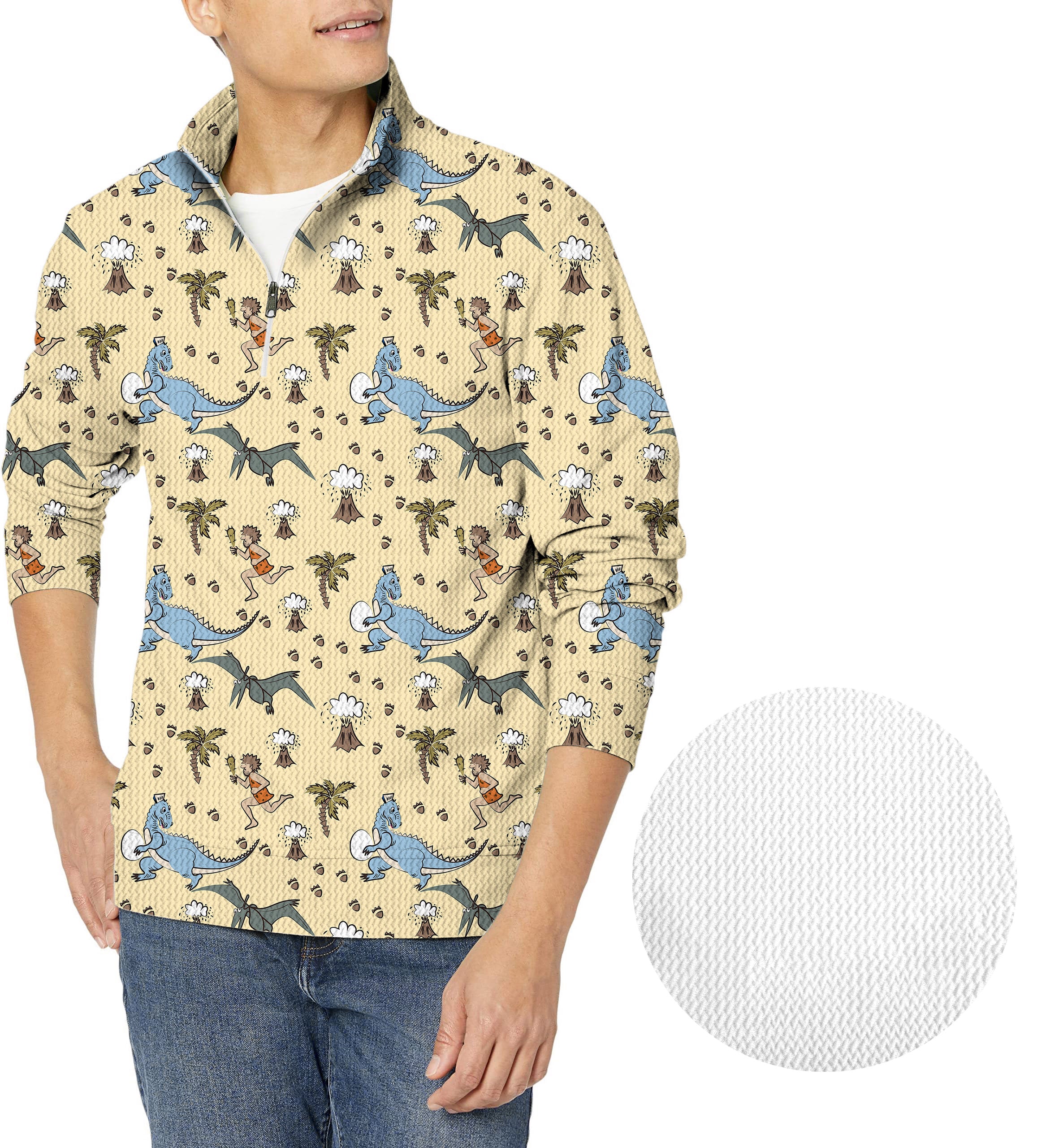 dinosaur wild man volcano Men's Golf Waffle Zipper Pullover