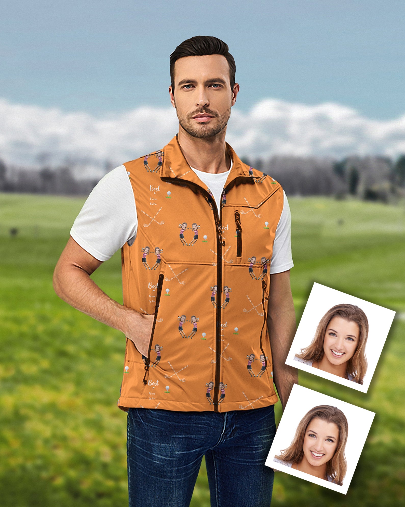 Men's Custom Sister Photo Face & Name Lightweight Softshell Vest Sleeveless Jacket for Golf Windproof Waterproof
