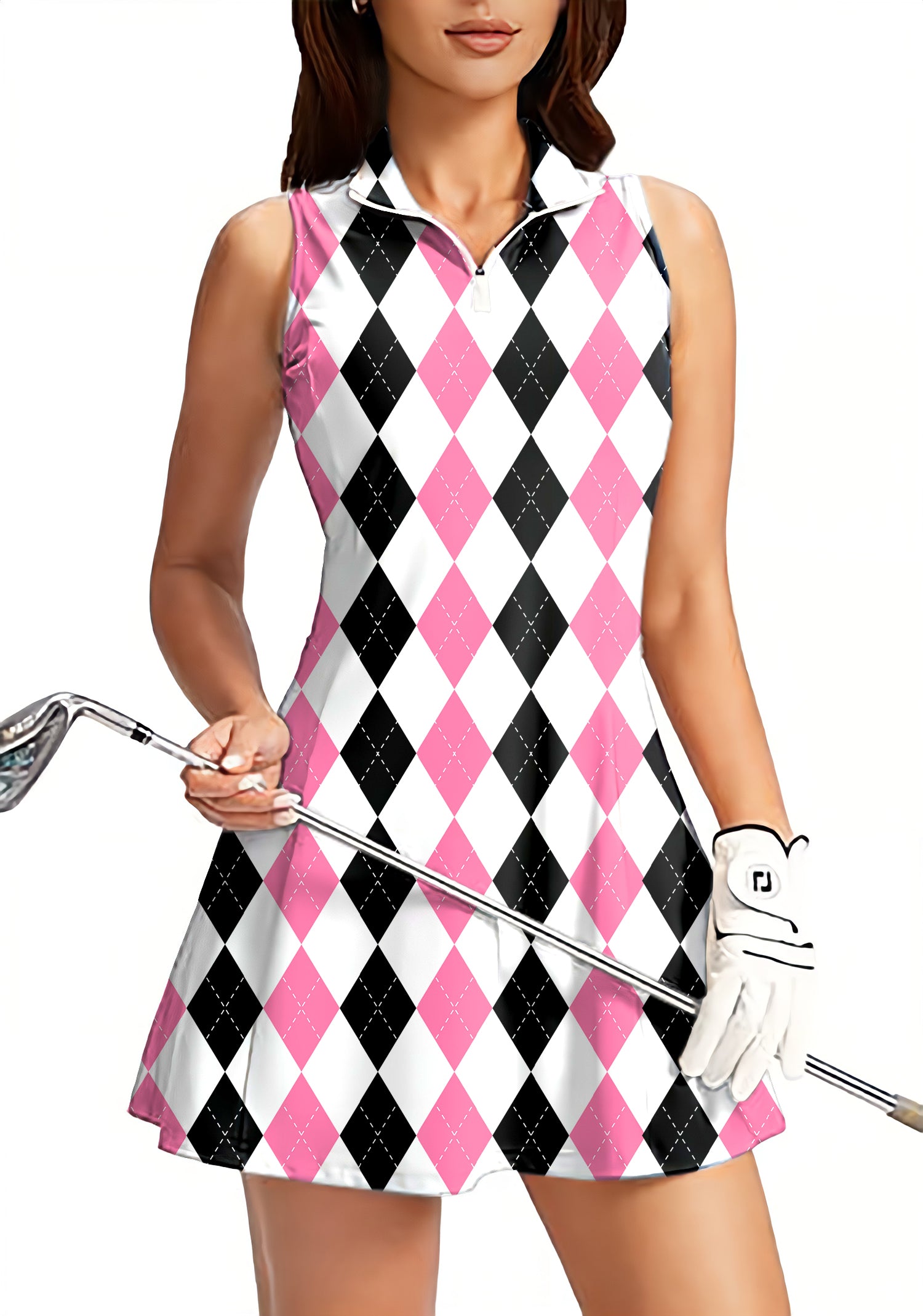 pink black argyle Women's Golf Sleeveless Zipper Dresses with Built in Shorts