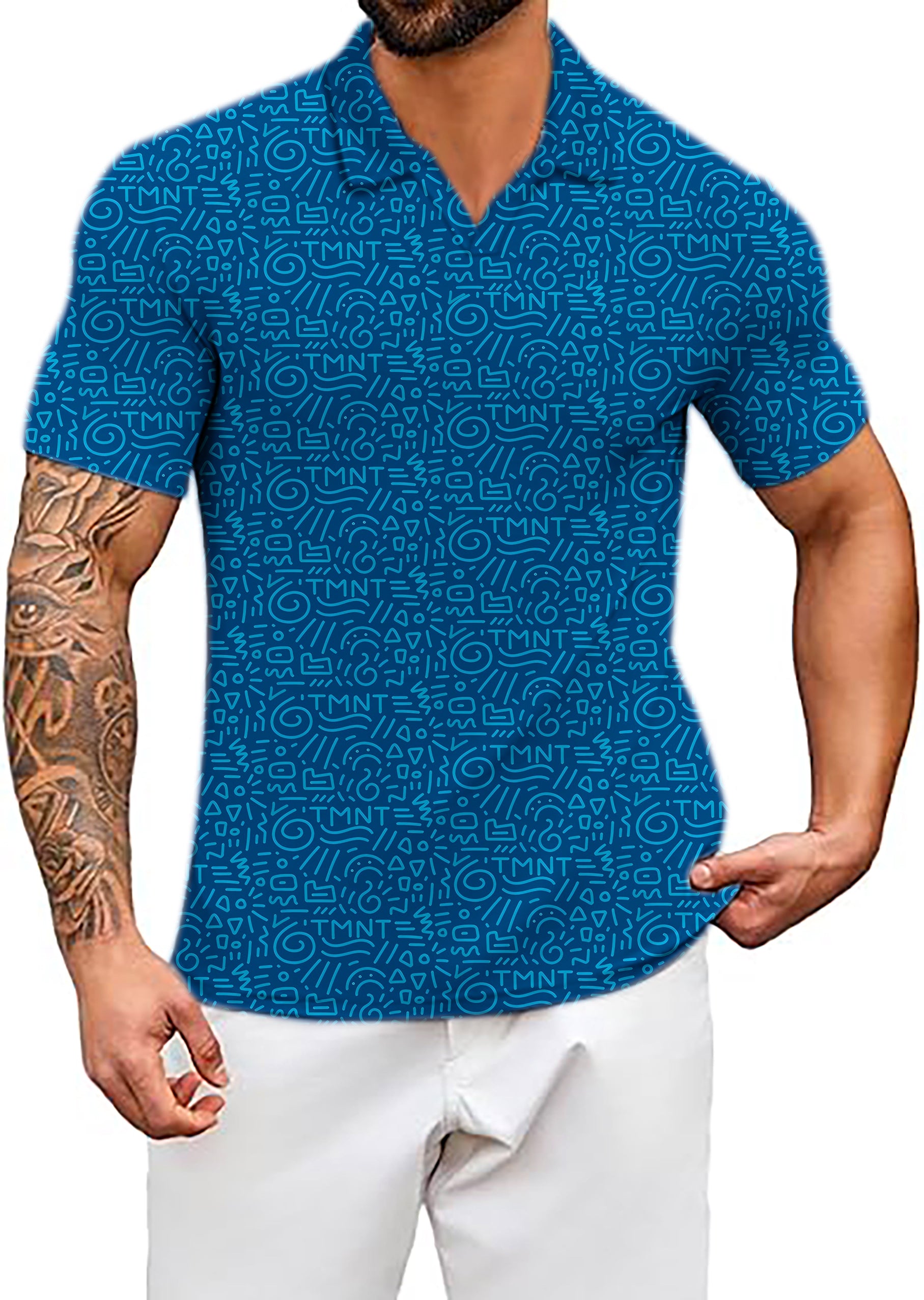 Men's Blue Doodle V Neck Golf Polo Shirts