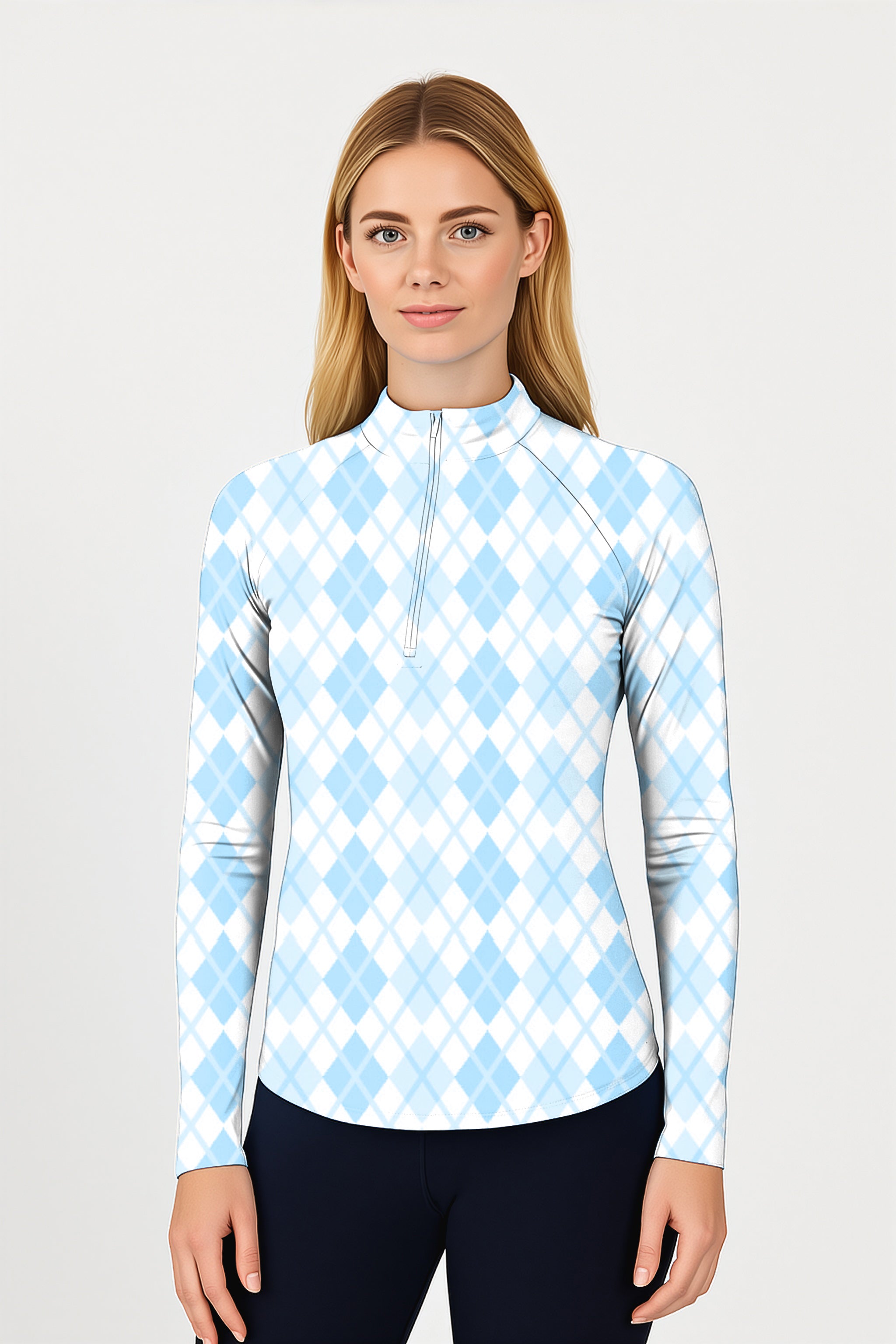 Argyle bule grid  Women's Golf Active 3/4 Zip Top