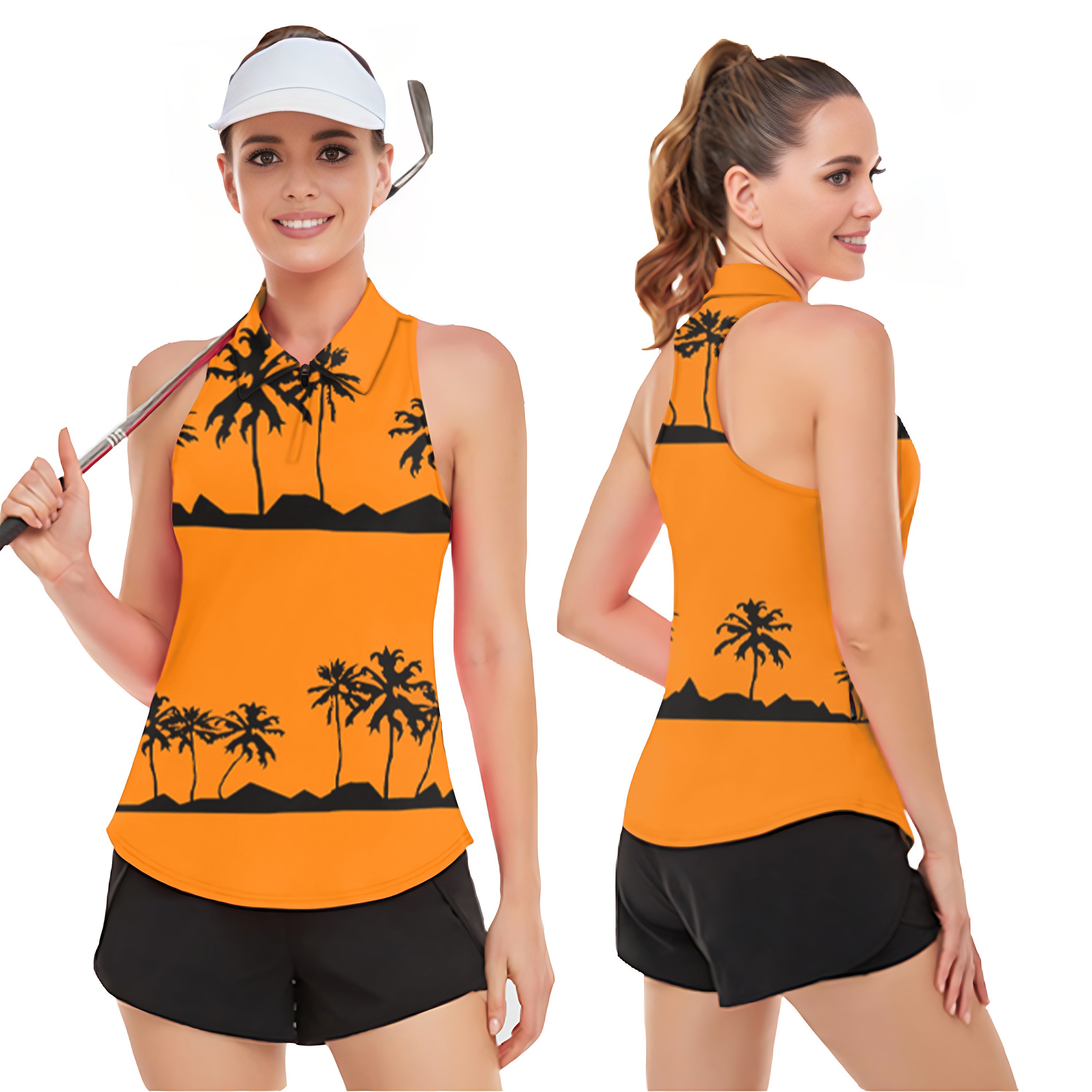 Setting sun and coconut trees Women’s Sleeveless Golf Tank Top Shirt Polo