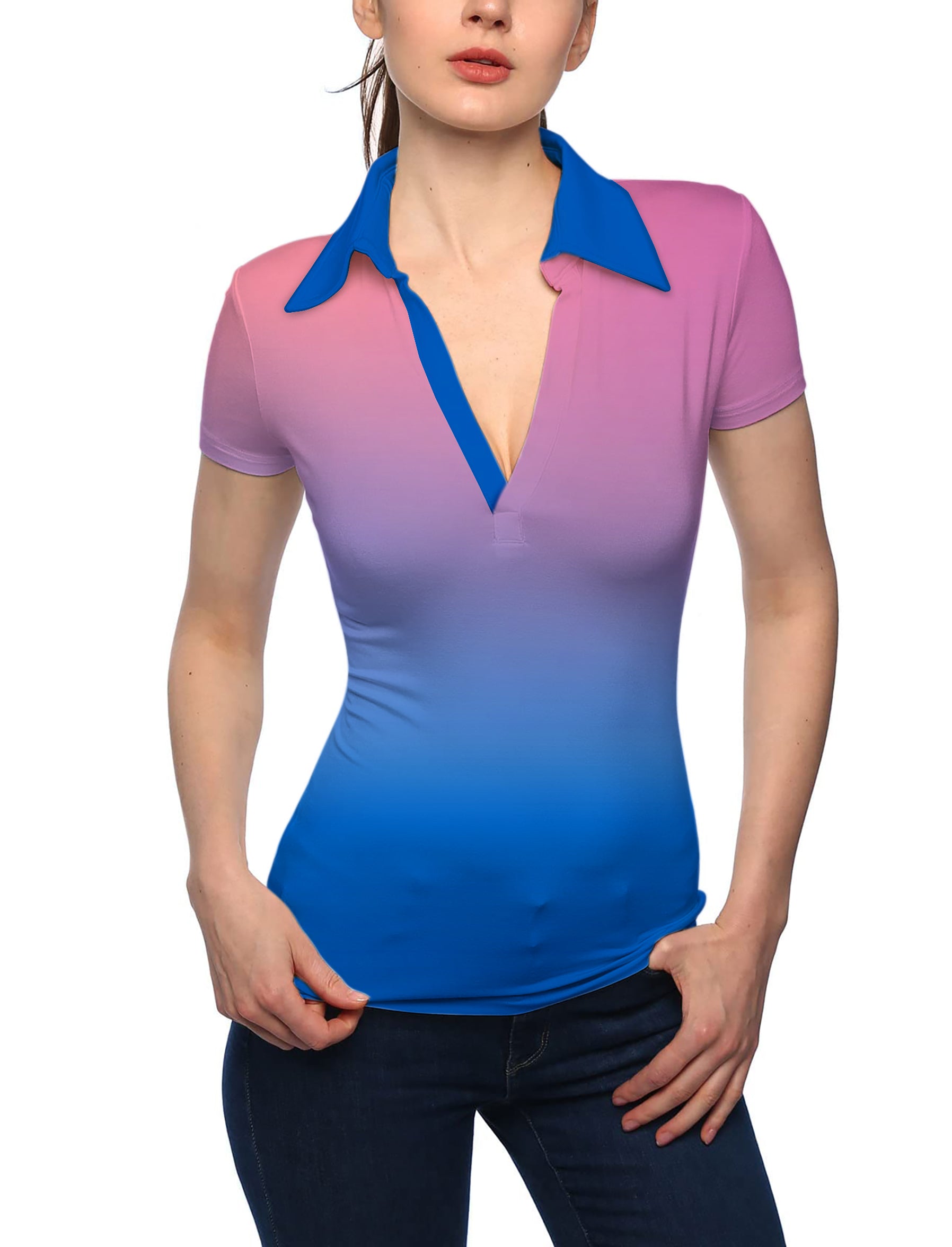 Women's Blue-Pink Gradient V Neck Golf Polo