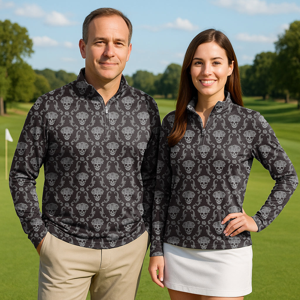Halloween Classic Skull Couple Golf Active 3/4 Zipper Top Long Sleeves