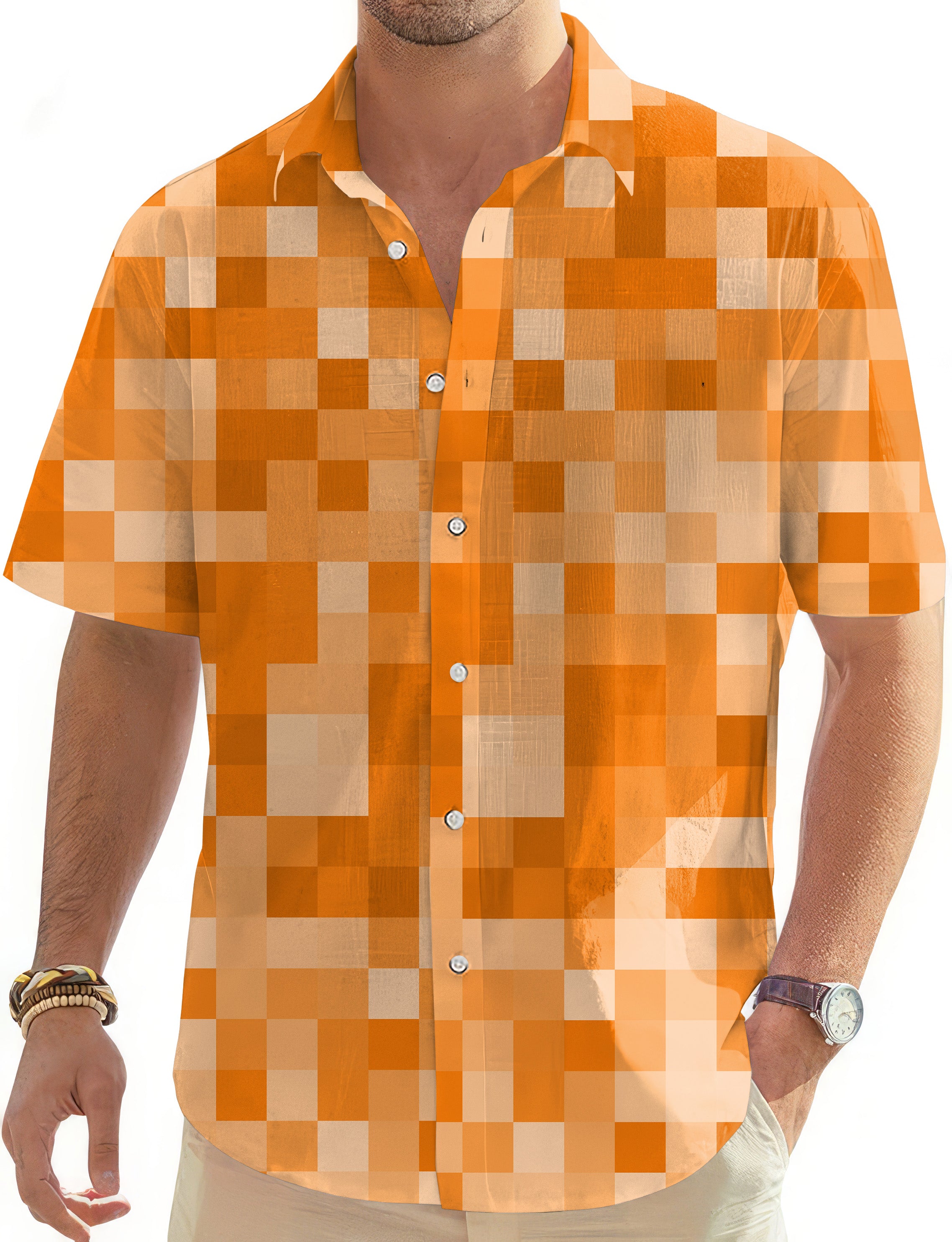 Orange Pixel Big Men's Golf Hawaiian Shirts Button Down Shirt