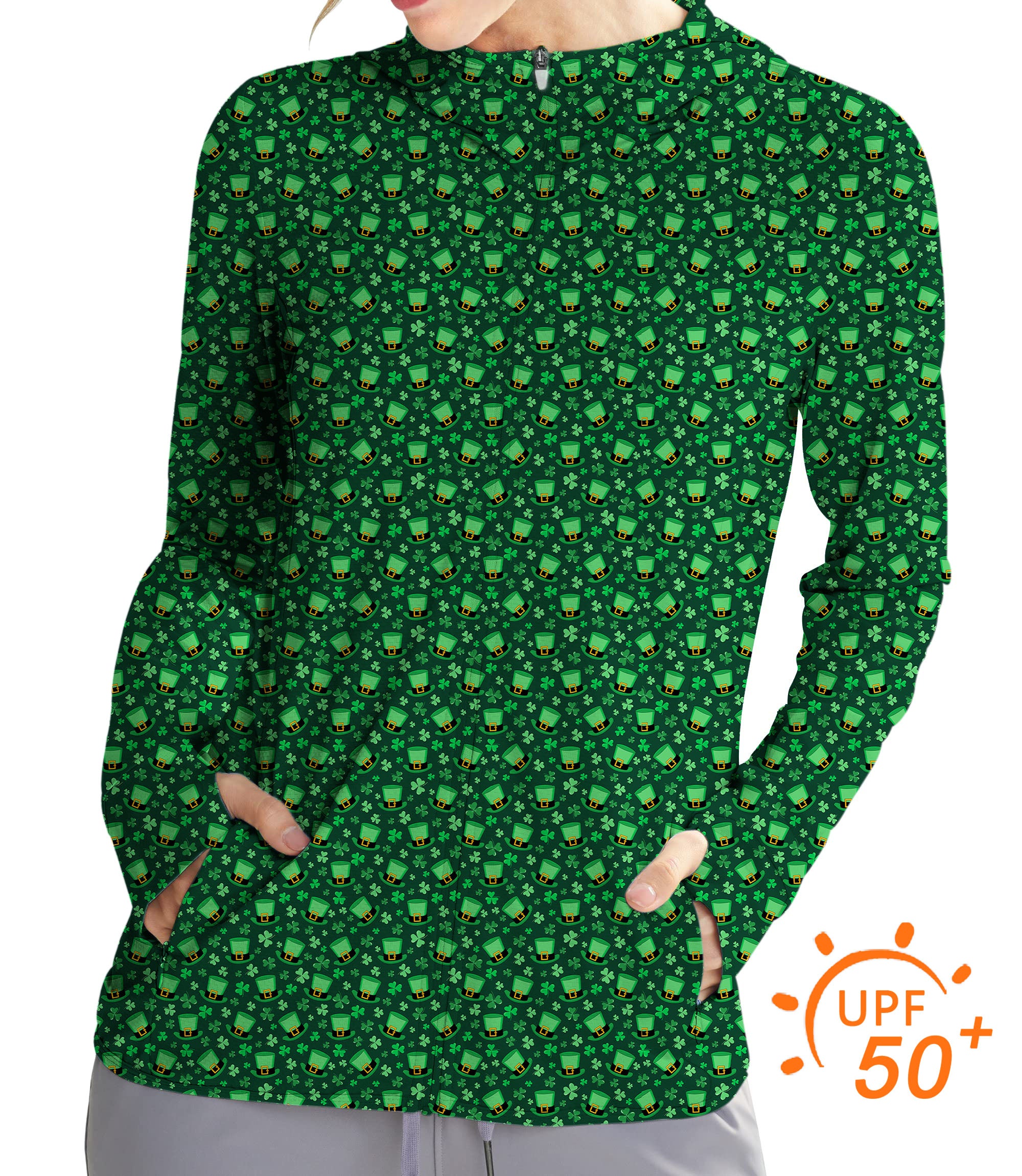 Women's Outdoor Leprechaun hat clover leaf St. Patrick's Day Golf Sun Protection Slim Fit zip hoodies