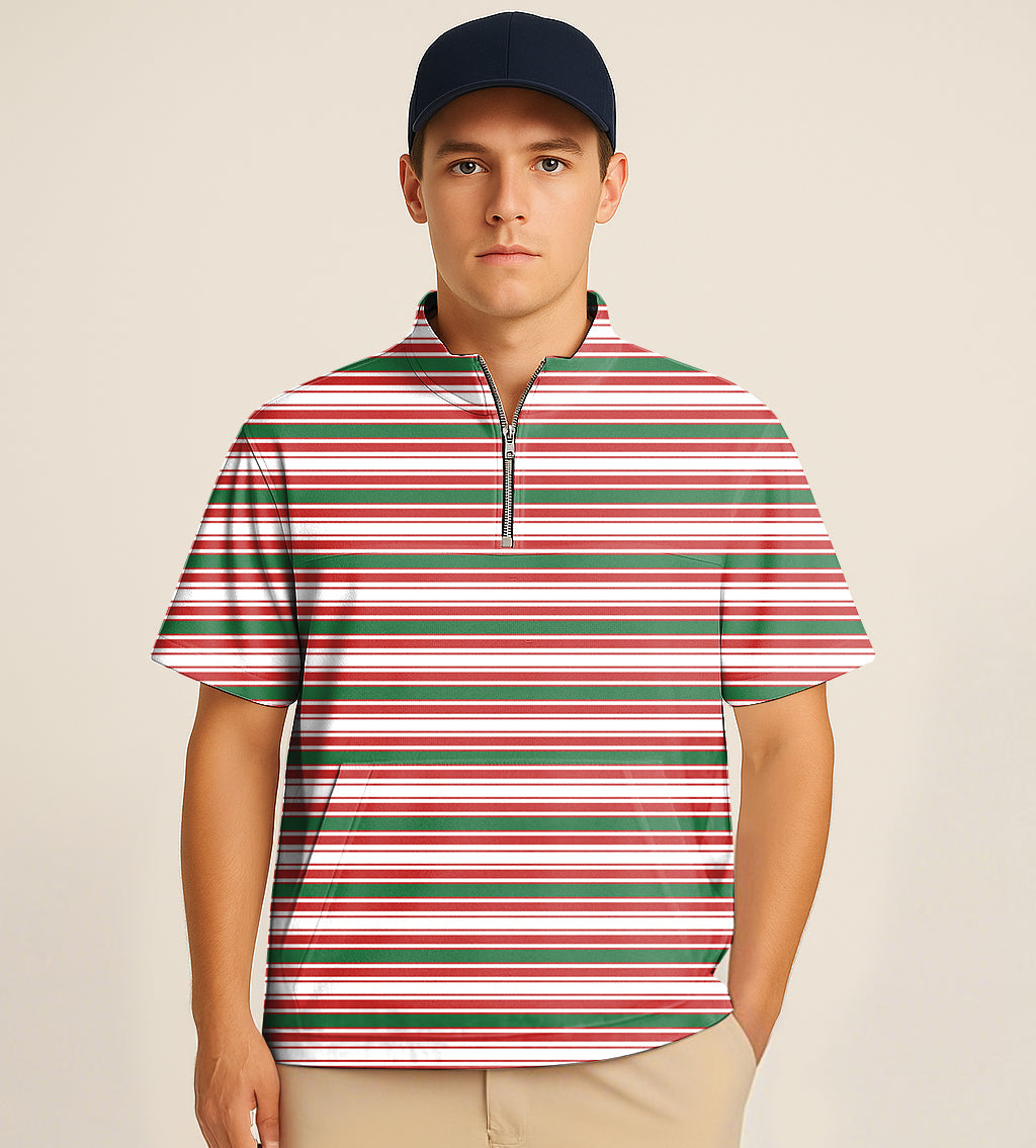 Half zipper turtleneck golf shirt with striped Christmas embroidery and short sleeves