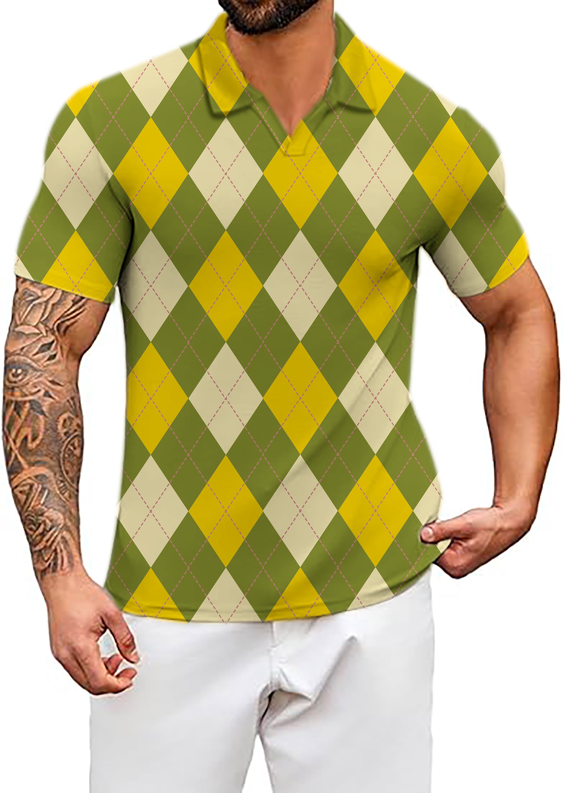 Men's Yollow Argyle V Neck Golf Polo Shirts