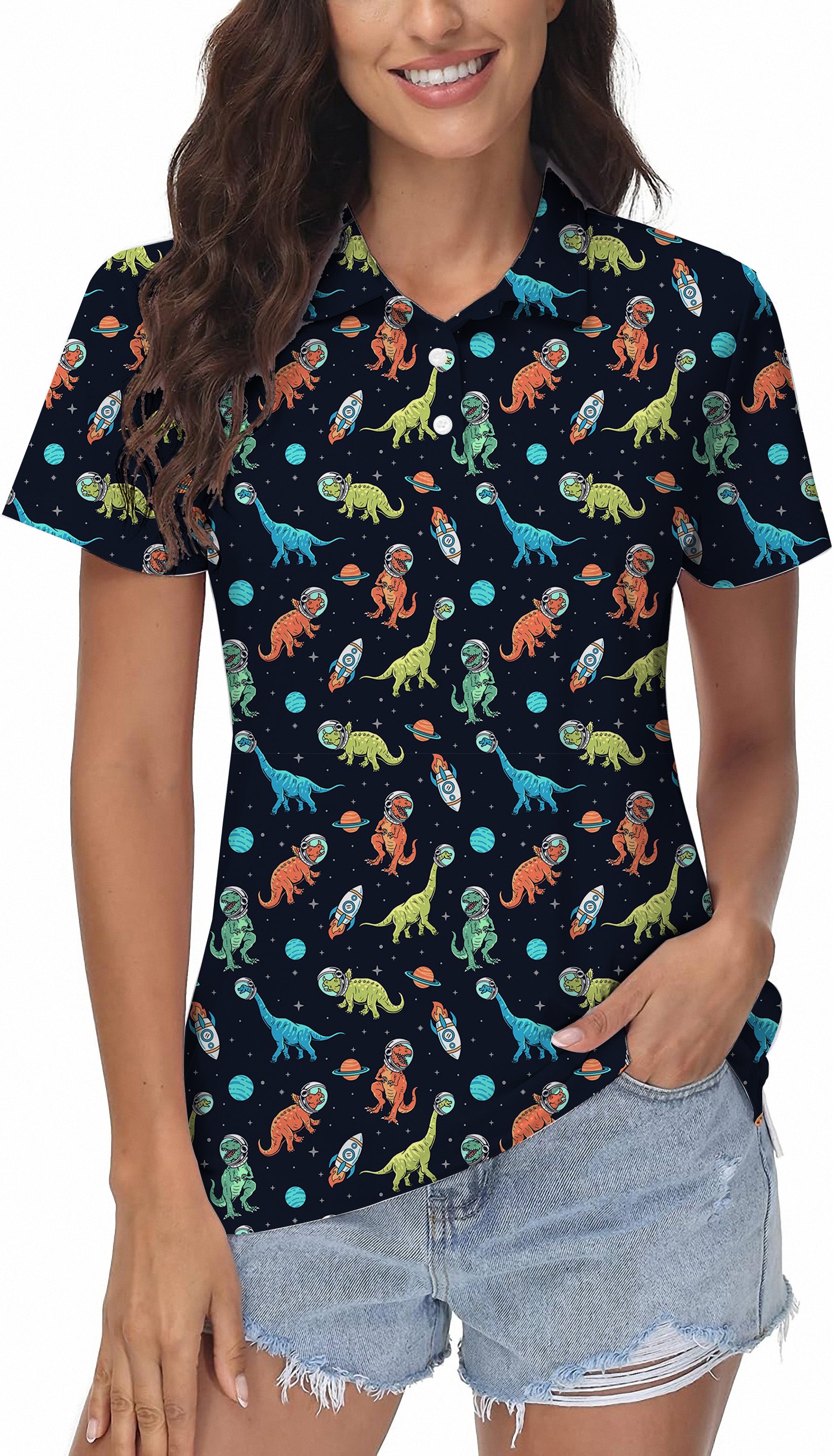 Women's Space Dinosaur Golf Polo