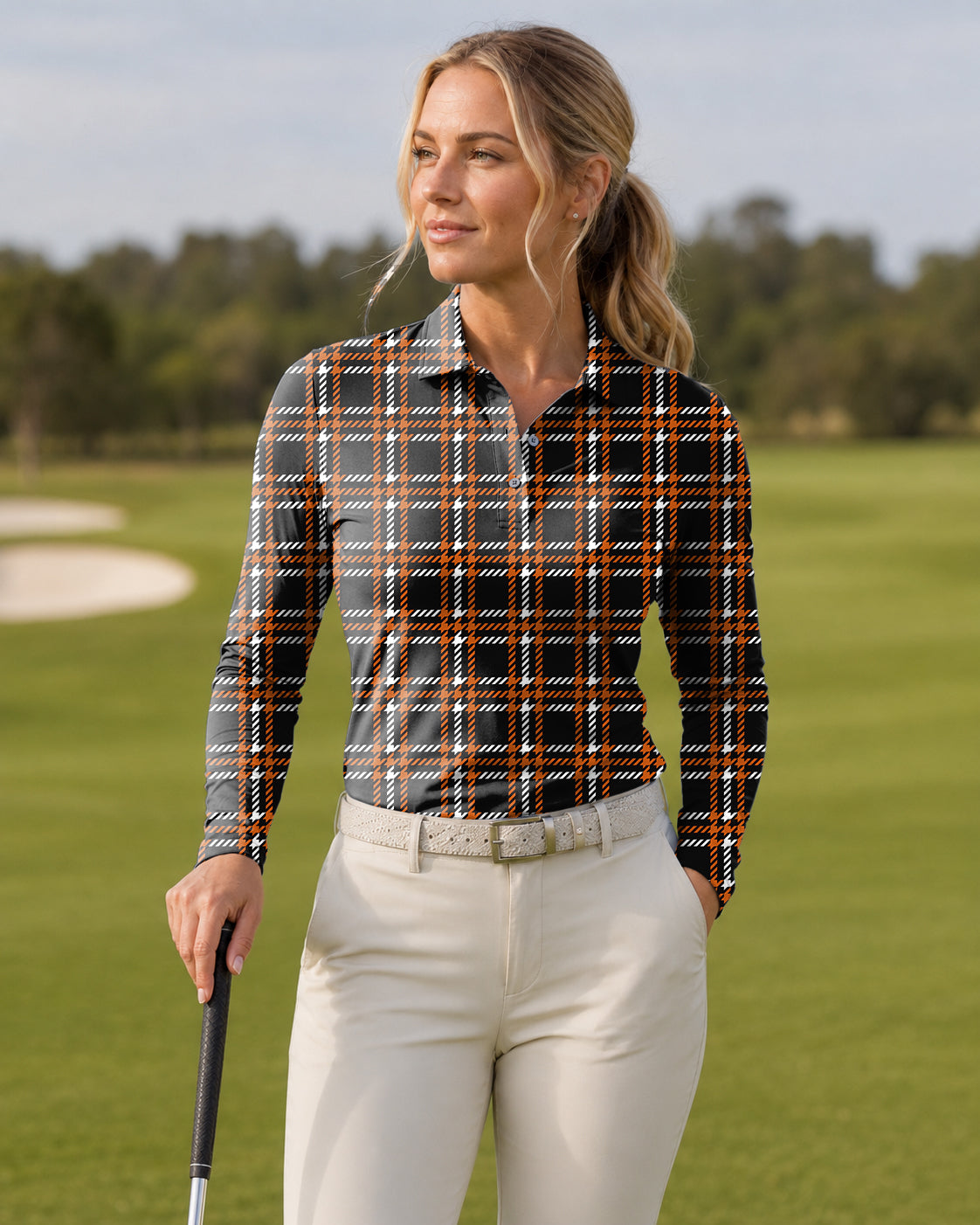 Halloween black yellow white grid Women's Long-Sleeved Golf Polo