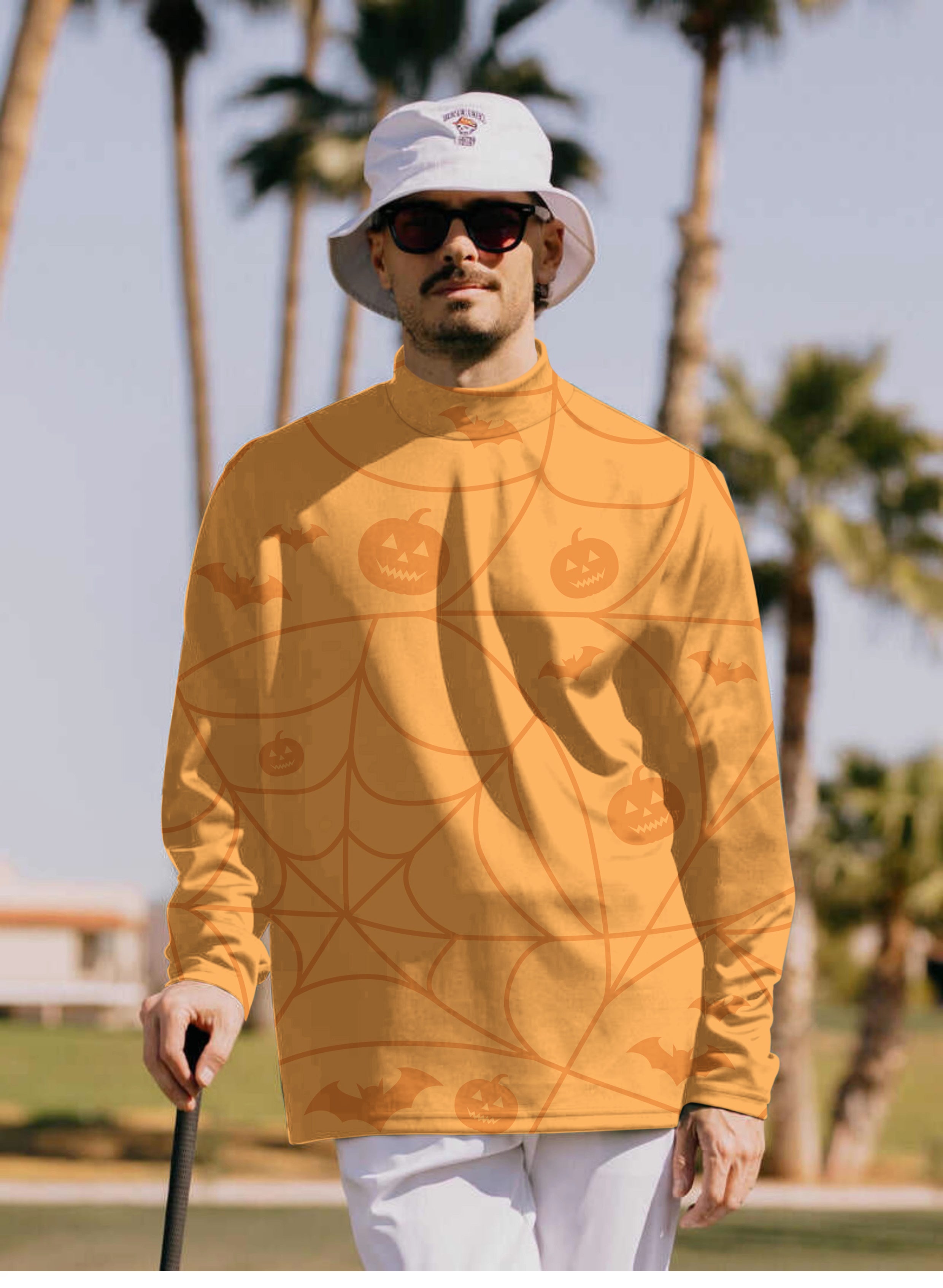 Men's Halloween Spiderweb Pumpkin Mock Neck Long/Short Sleeve Golf Tops