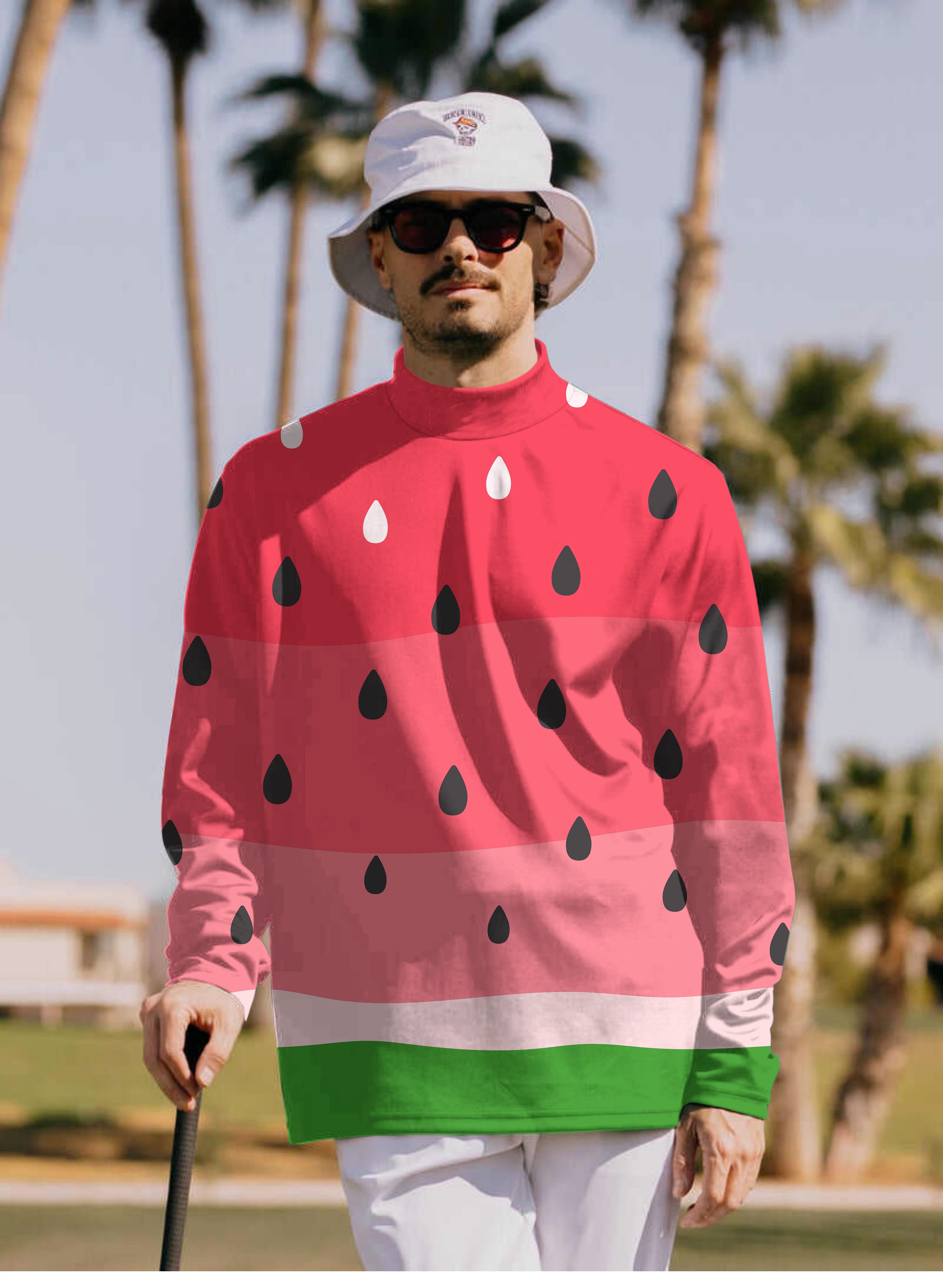 Men'swatermelon Pullover High neck Long/Short sleeve T-Shirt