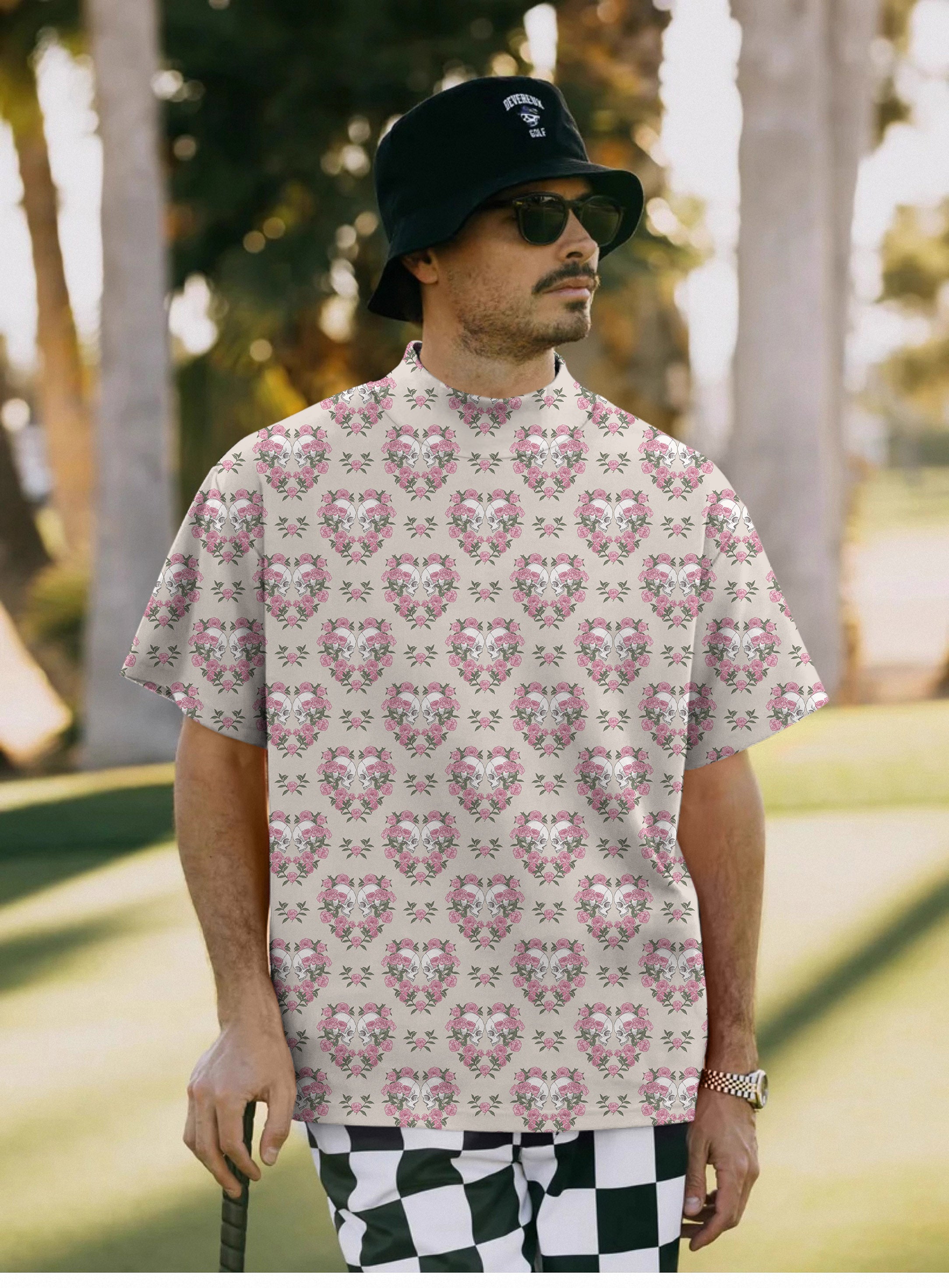 Men's Halloween Skull Rose Mock Neck Long/Short Sleeve Golf Tops