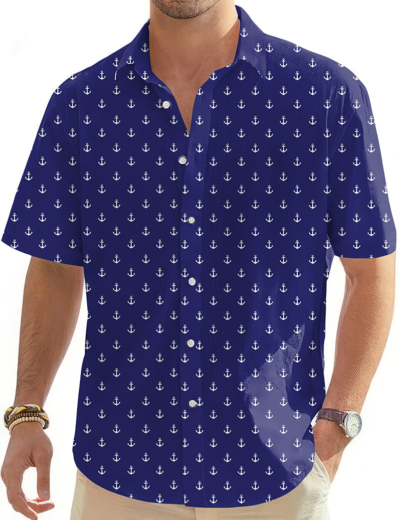 Royal Anchor men's golf Hawaiian shirt with navy blue anchor pattern and short sleeves