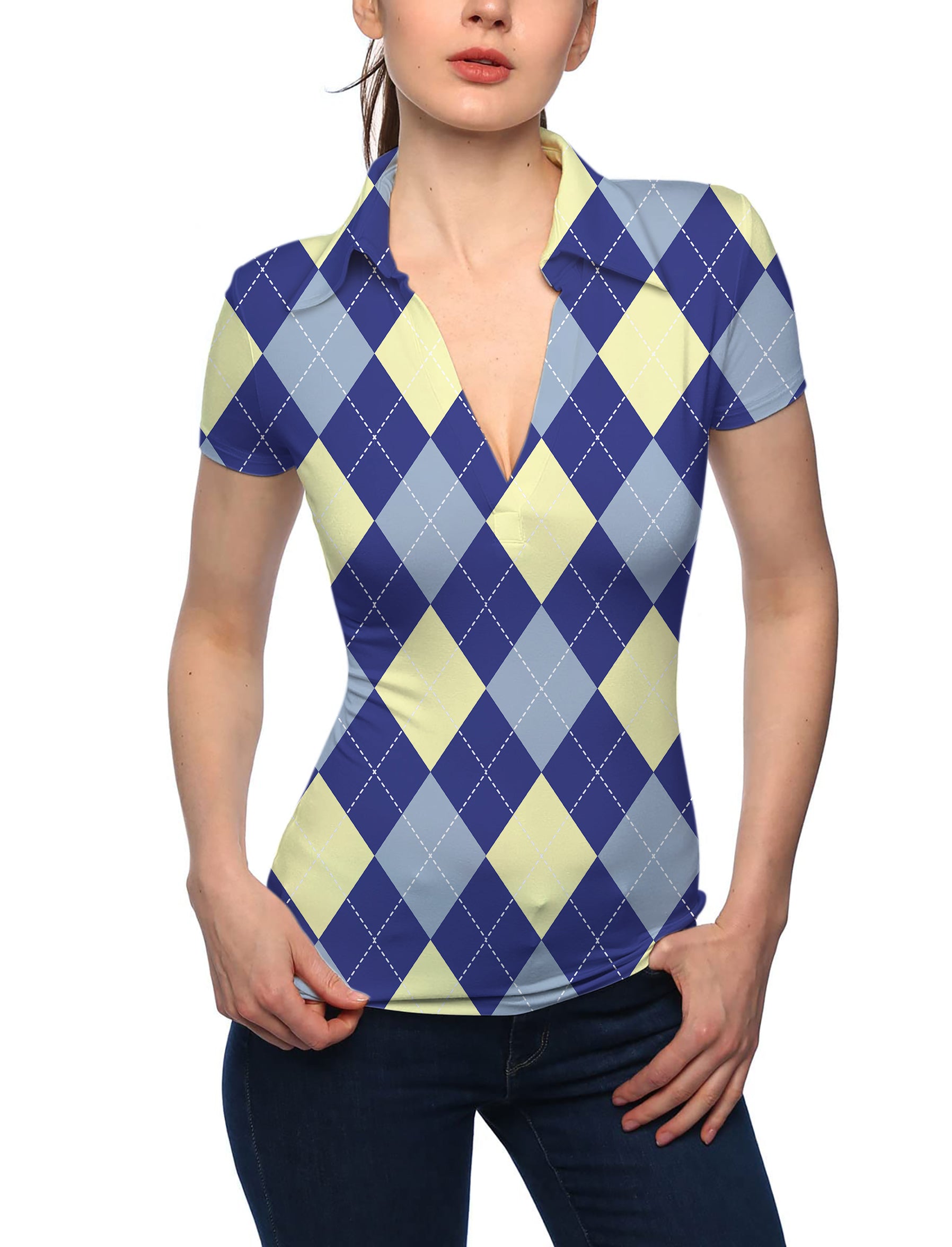 Women's blue Argyle V Neck Golf Polo