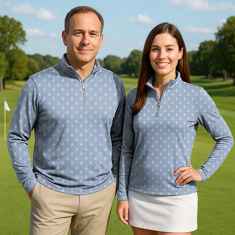 Blue Anchor Couple Golf active 3/4 zip tops with anchor pattern, lightweight, long sleeves, mock collar, and UPF50+ protection.