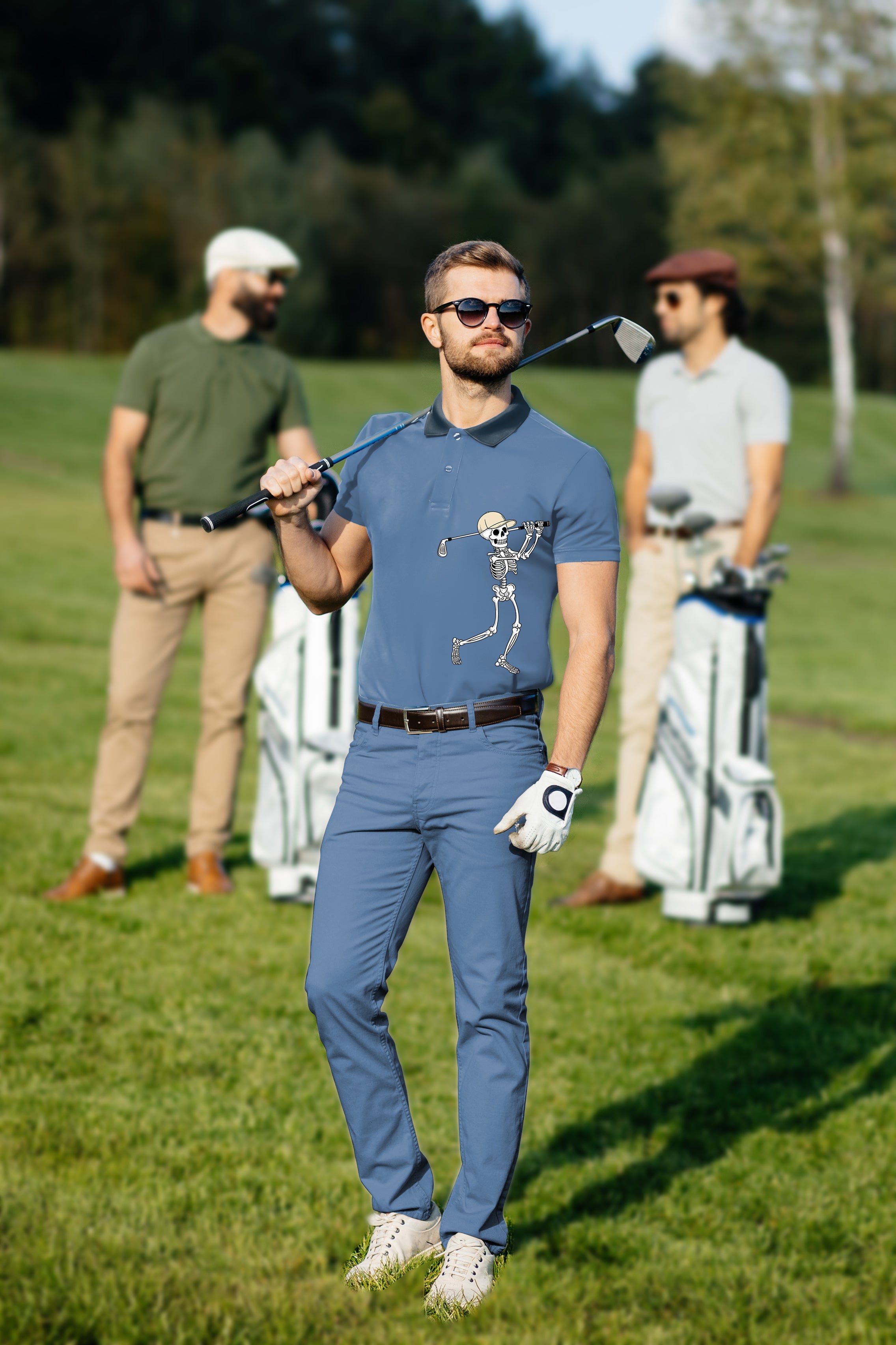 Men's Golf Set Polo+Pants White Blue Halloween Skeleton Golf