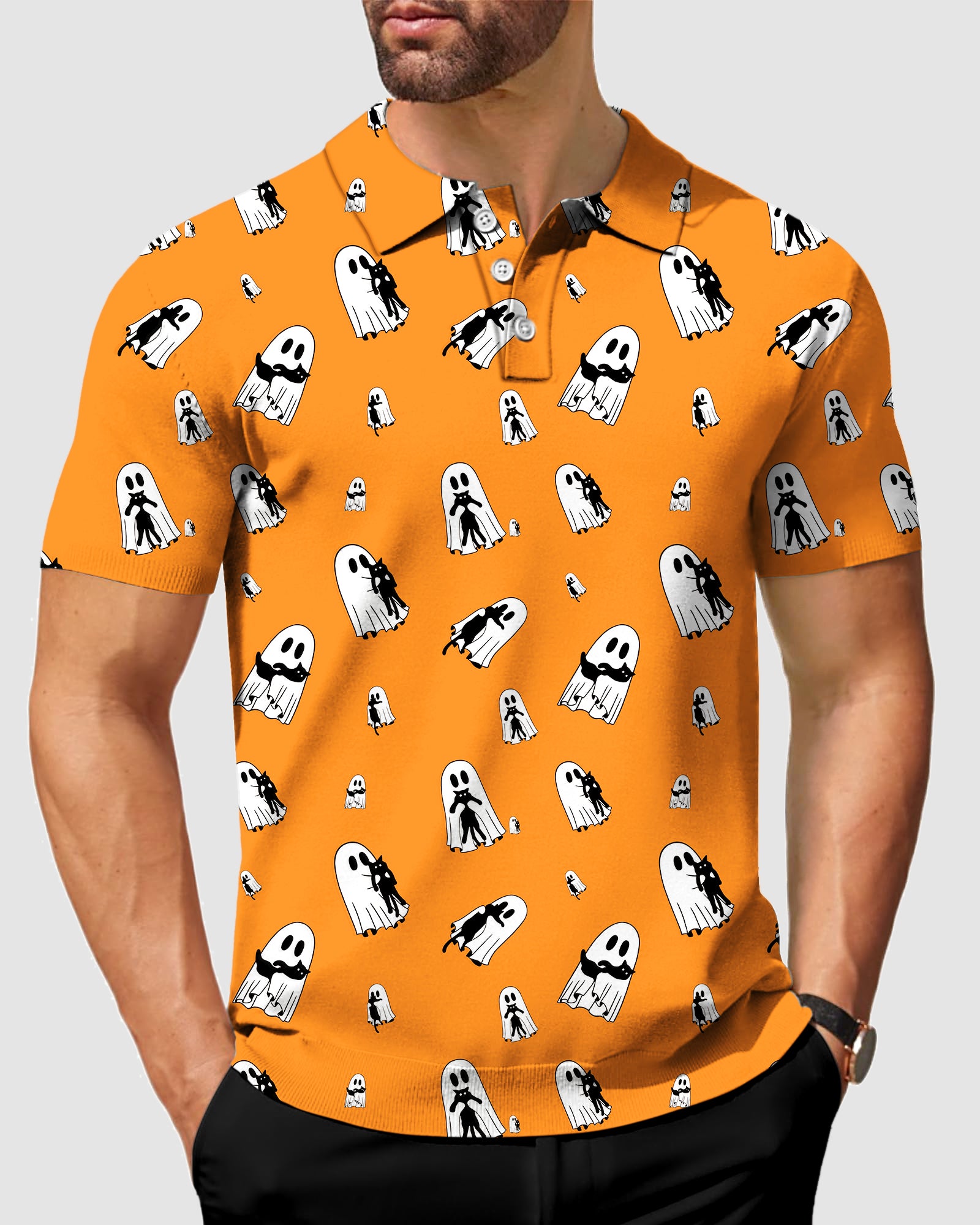 Men's Halloween Ghost Hug Cat Custom The Background Color Polo