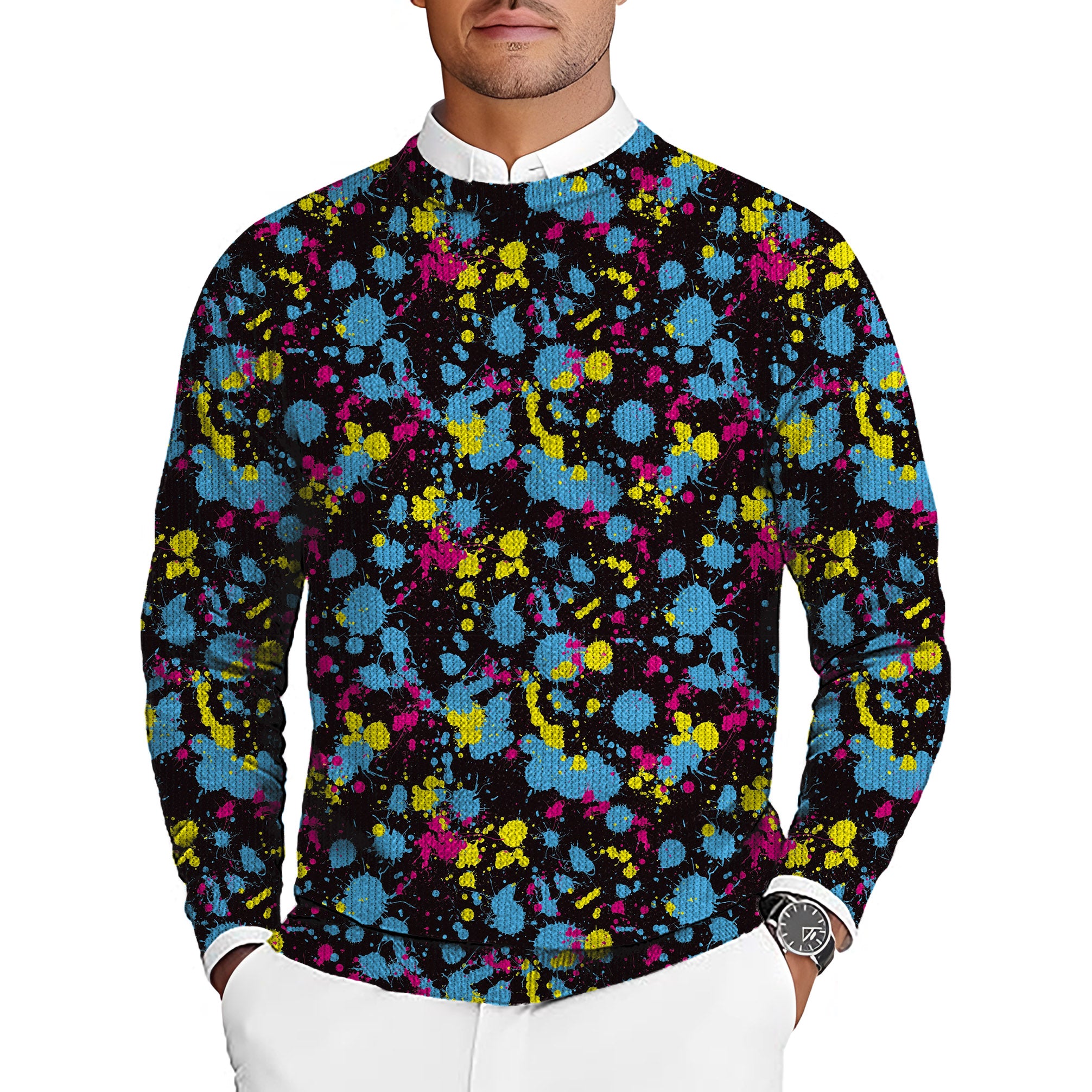 V2 Paint Splatter Men's Golf Crewneck Pullover Sweaters Ugly Sweater