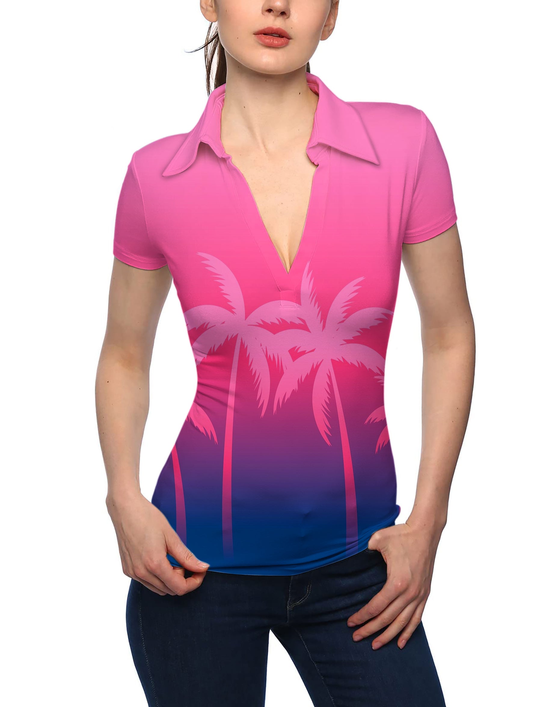 Women's pink palm V Neck Golf Polo