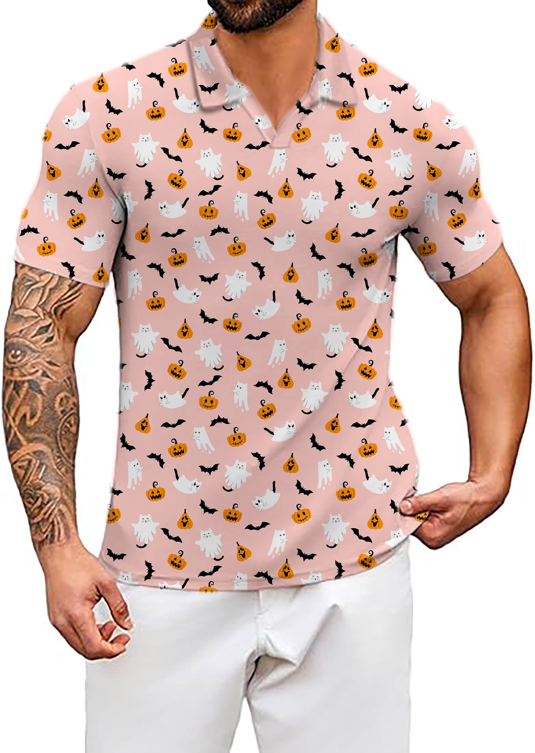 Men's Coconut Palm Halloween Kawaii Ghost Pumpkin V Neck Golf Polo Shirts